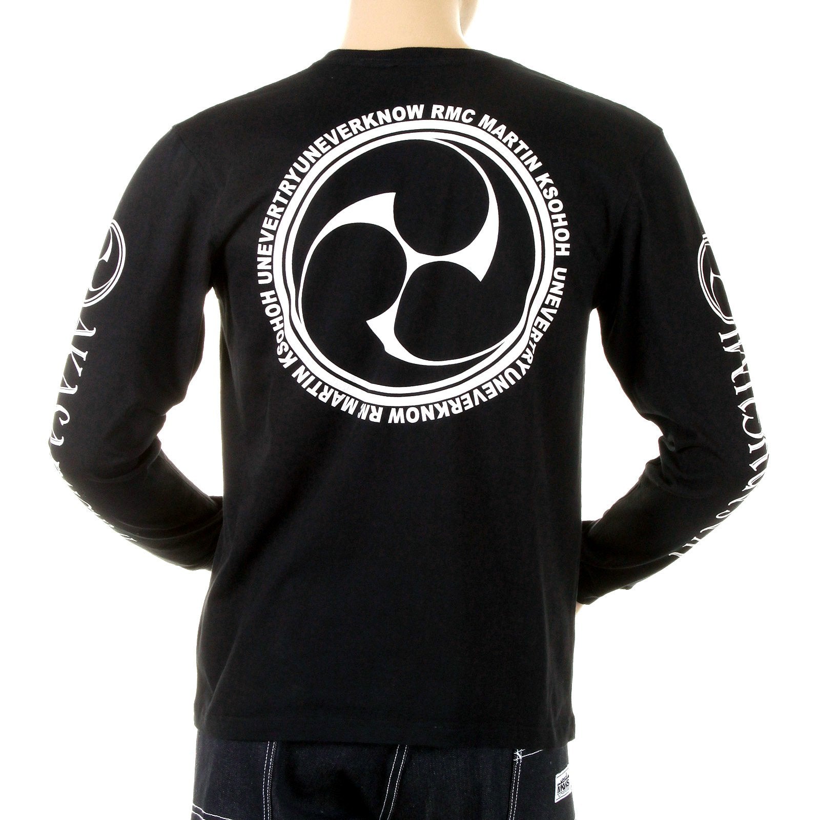 RMC JEANS MENS BLACK FUIJIN LONG SLEEVE REGULAR FIT CREW NECK T-SHIRT WITH AKASARUGUMI PRINT REDM5410