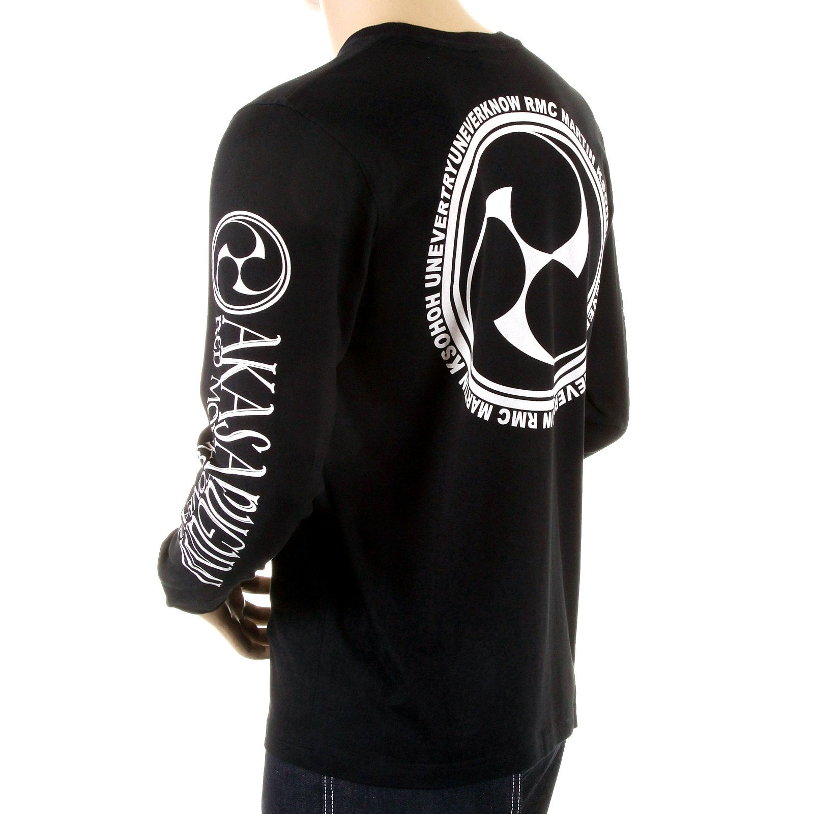 RMC JEANS MENS BLACK FUIJIN LONG SLEEVE REGULAR FIT CREW NECK T-SHIRT WITH AKASARUGUMI PRINT REDM5410