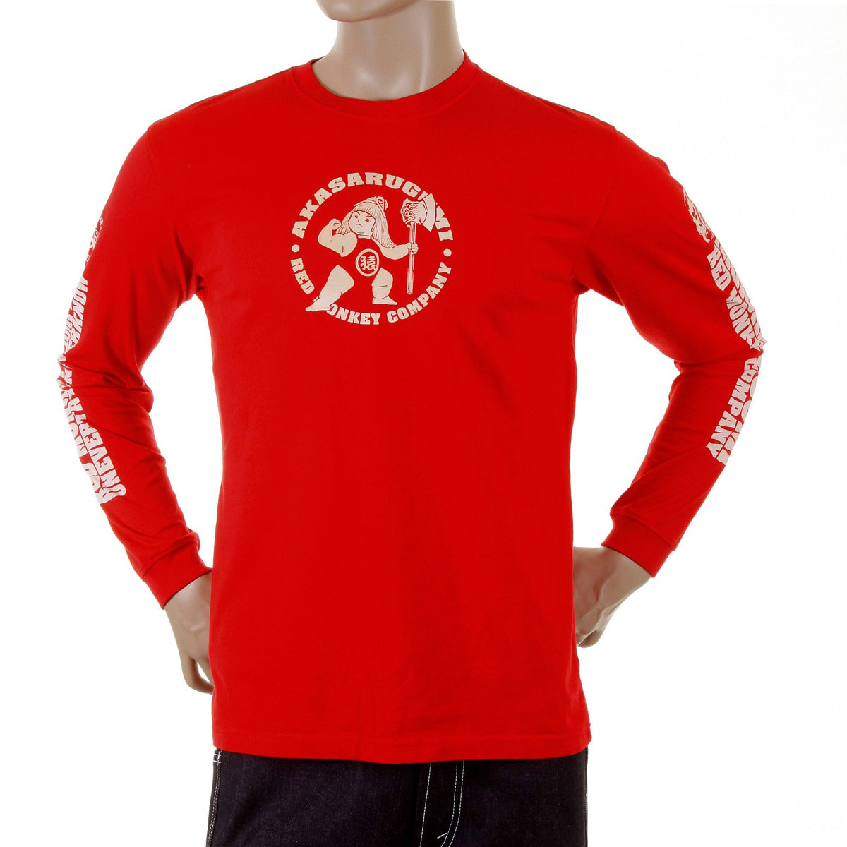 RMC JEANS MKWS RED CREW NECK LONG SLEEVE REGULAR FIT AKASARUGUMI KINTARO PRINTED T-SHIRT REDM5422
