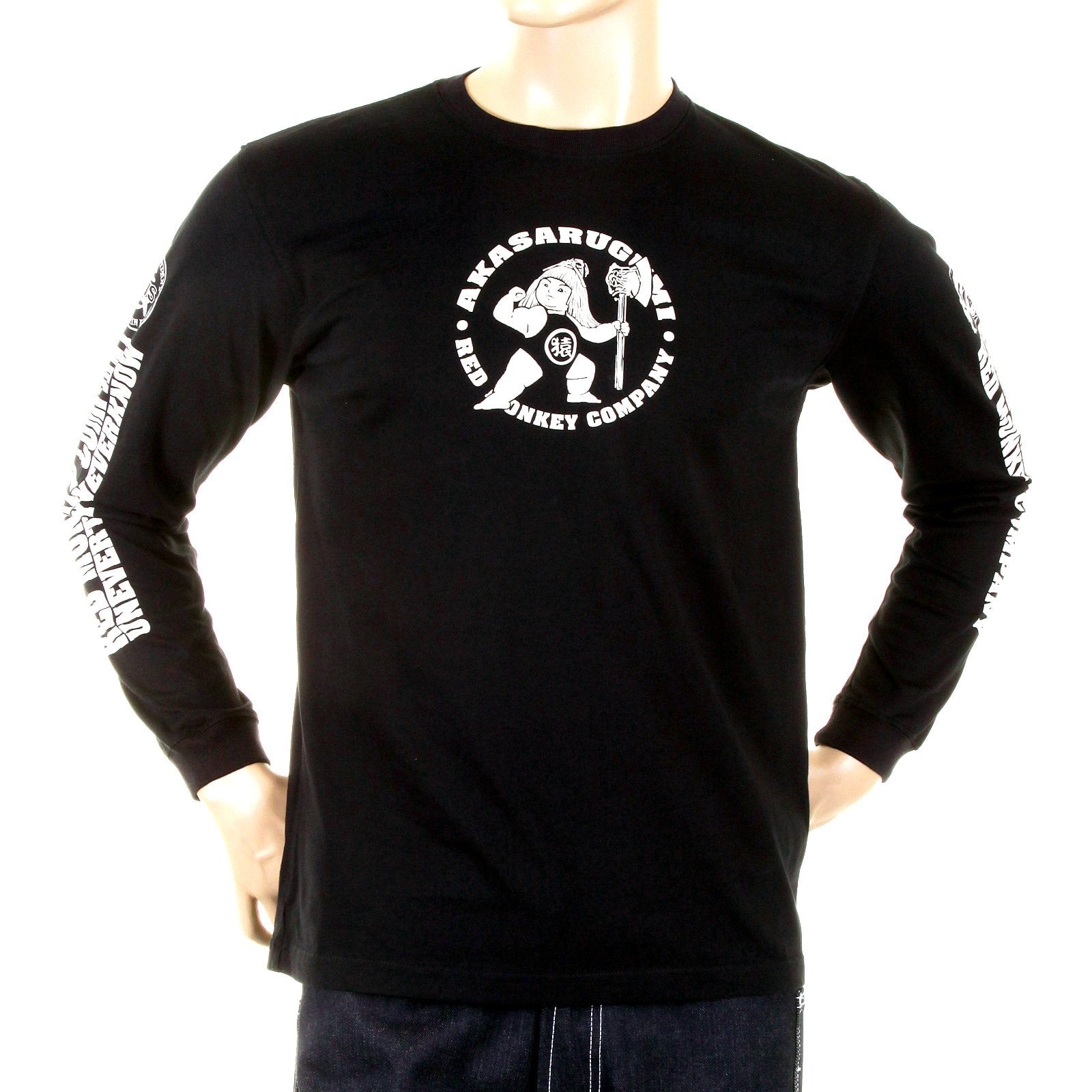 RMC JEANS MKWS AKASARUGUMI KINTARO PRINTED LONG SLEEVE REGULAR FIT CREW NECK T-SHIRT IN BLACK REDM5420