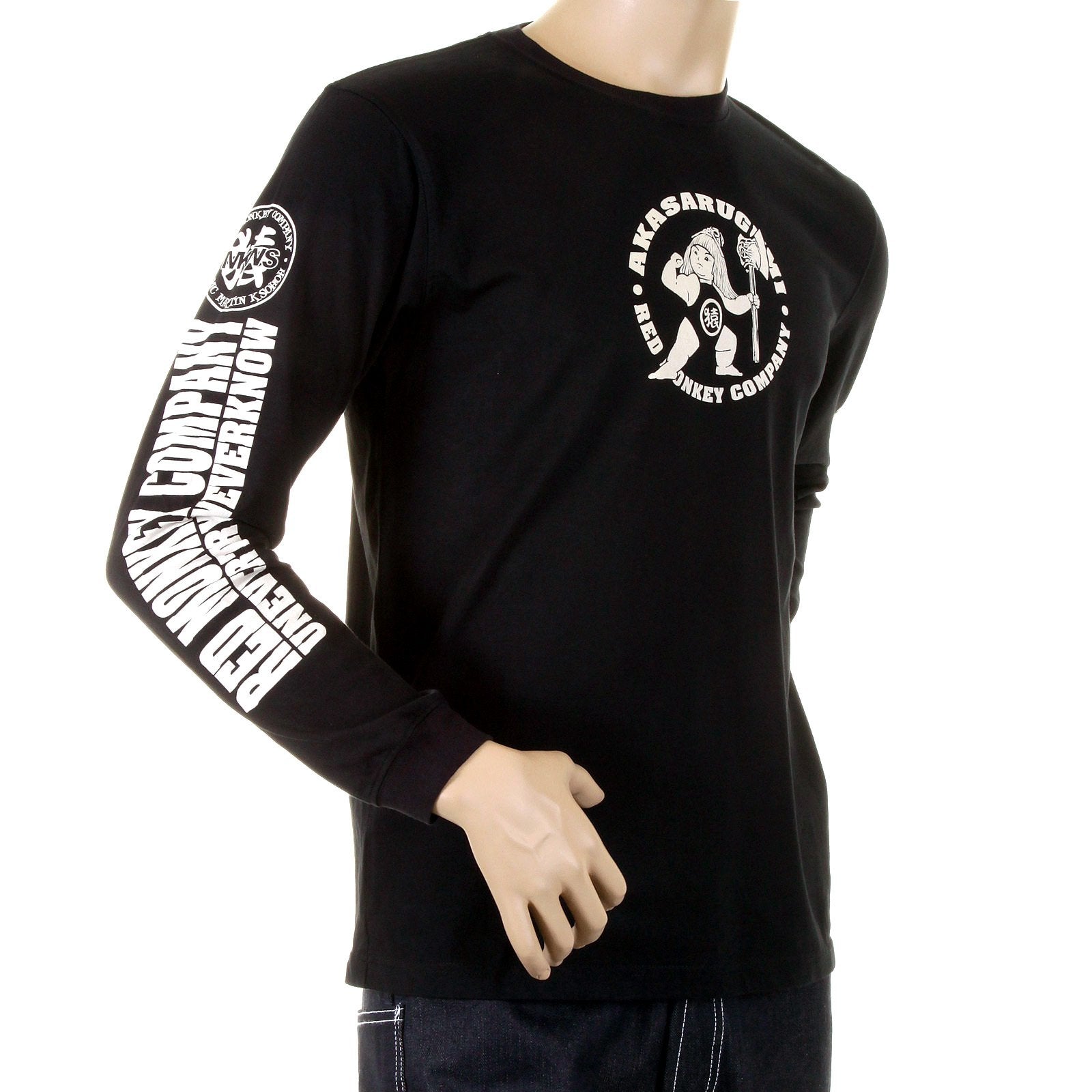 RMC JEANS MKWS AKASARUGUMI KINTARO PRINTED LONG SLEEVE REGULAR FIT CREW NECK T-SHIRT IN BLACK REDM5420
