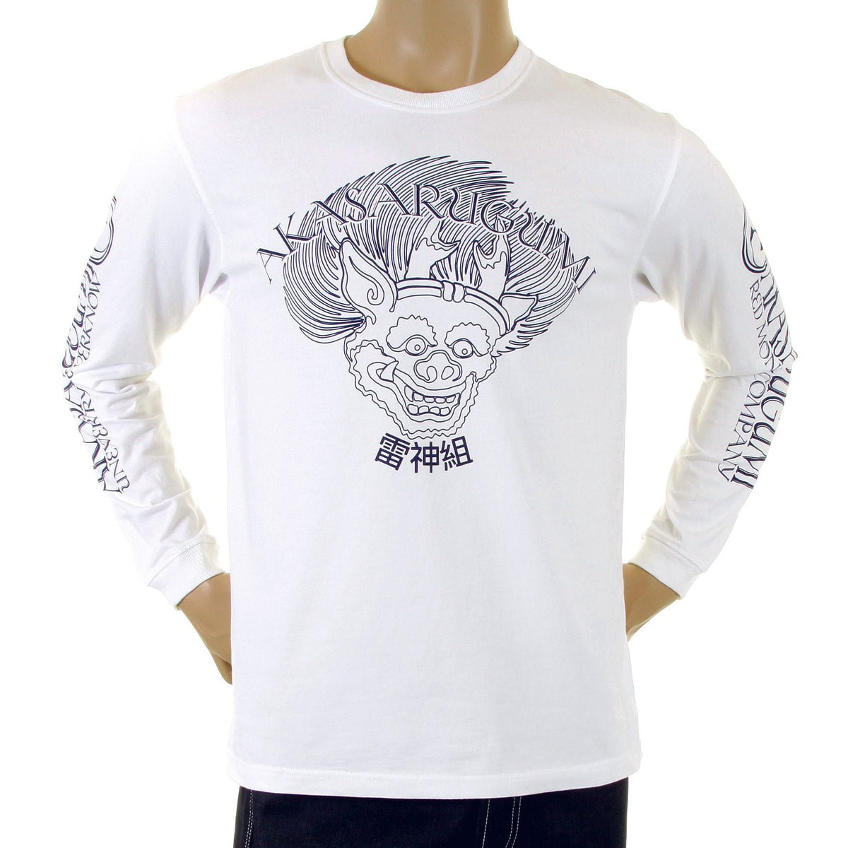 RMC JEANS CREW NECK AKASARUGUMI WHITE REGULAR FIT COTTON LONG SLEEVE T-SHIRT WITH RAIJIN PRINT REDM5408