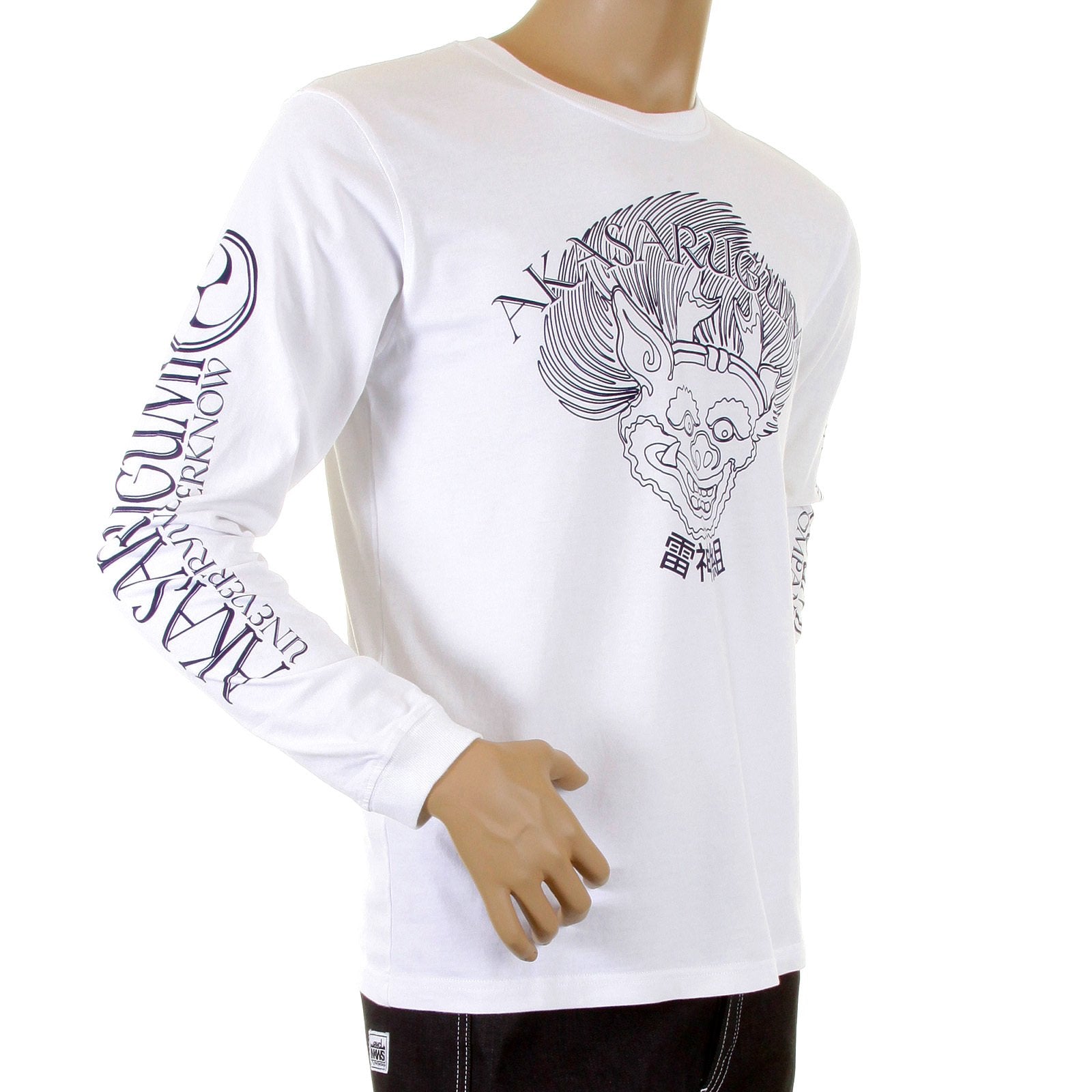 RMC JEANS CREW NECK AKASARUGUMI WHITE REGULAR FIT COTTON LONG SLEEVE T-SHIRT WITH RAIJIN PRINT REDM5408