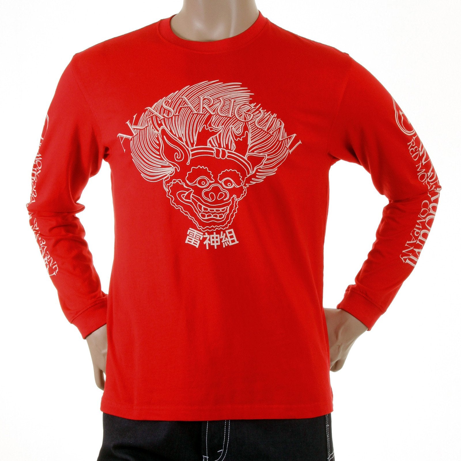 RMC JEANS CREW NECK AKASARUGUMI RAIJIN PRINTED REGULAR FIT LONG SLEEVE T-SHIRT IN RED REDM5407