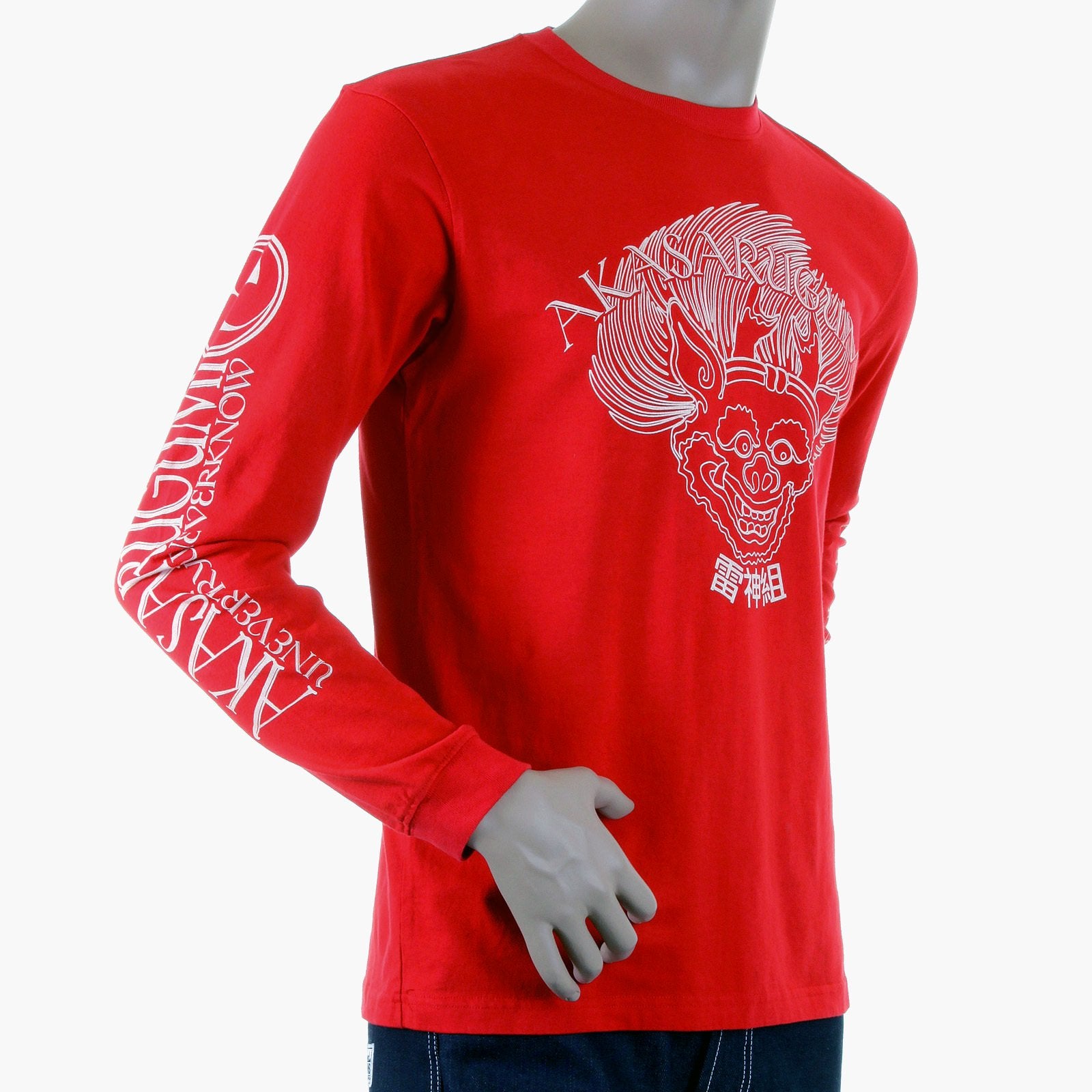 RMC JEANS CREW NECK AKASARUGUMI RAIJIN PRINTED REGULAR FIT LONG SLEEVE T-SHIRT IN RED REDM5407