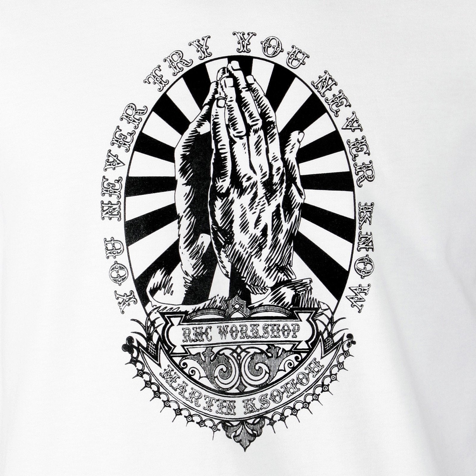 RMC JEANS 8TH ANNIVERSARY FOLDED HANDS PRINTED WHITE SHORT SLEEVE REGULAR FIT CREW NECK TSHIRT REDM2703