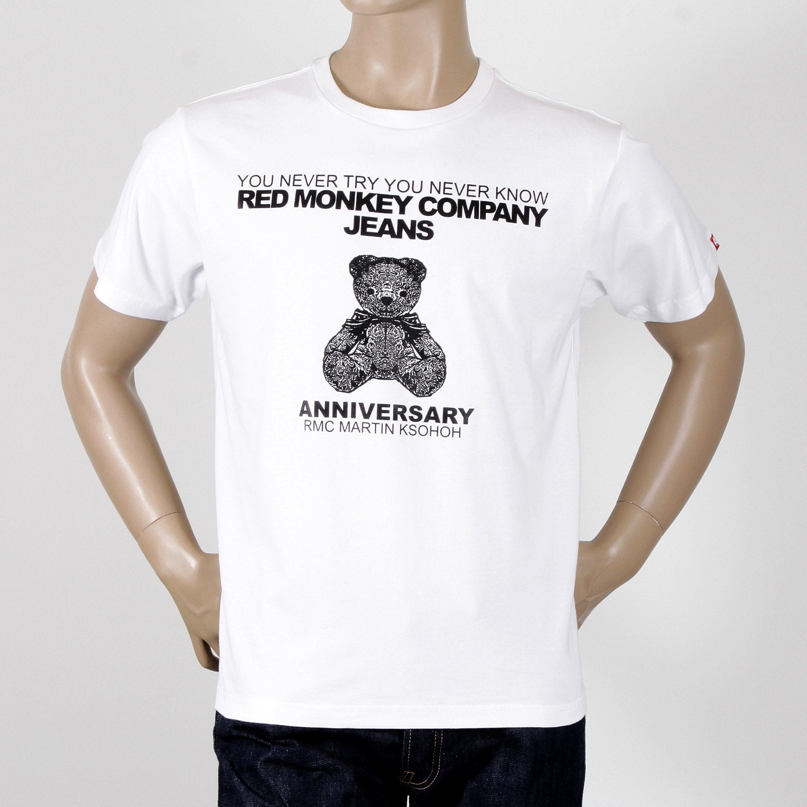 RMC WHITE SHORT SLEEVE REGULAR FIT CREW NECK T-SHIRT WITH 8TH ANNIVERSARY TEDDY BEAR PRINT REDM2786
