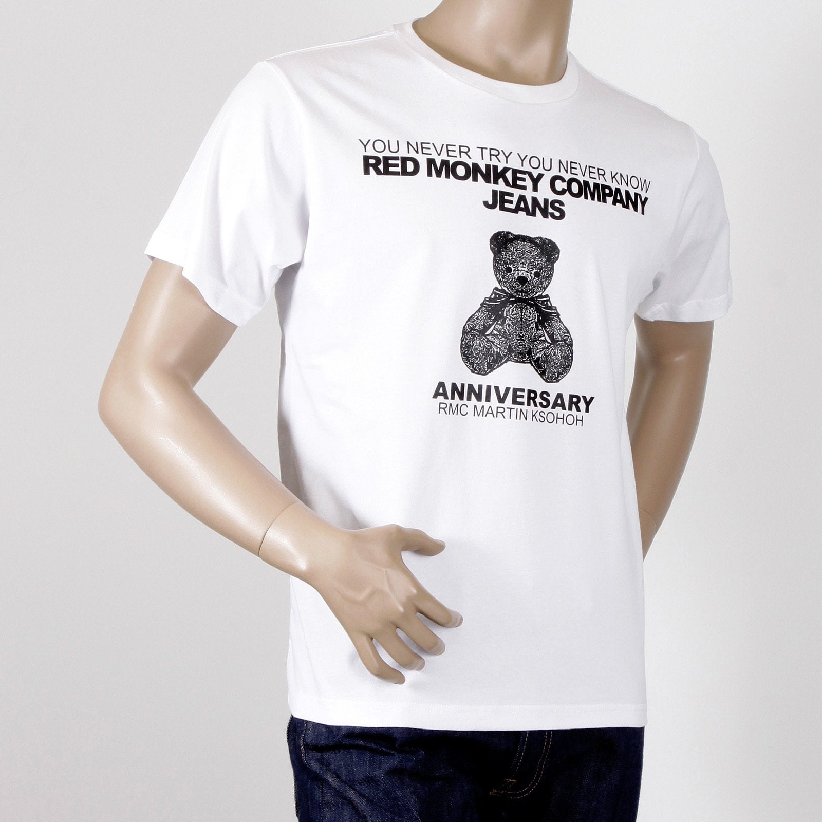 RMC WHITE SHORT SLEEVE REGULAR FIT CREW NECK T-SHIRT WITH 8TH ANNIVERSARY TEDDY BEAR PRINT REDM2786