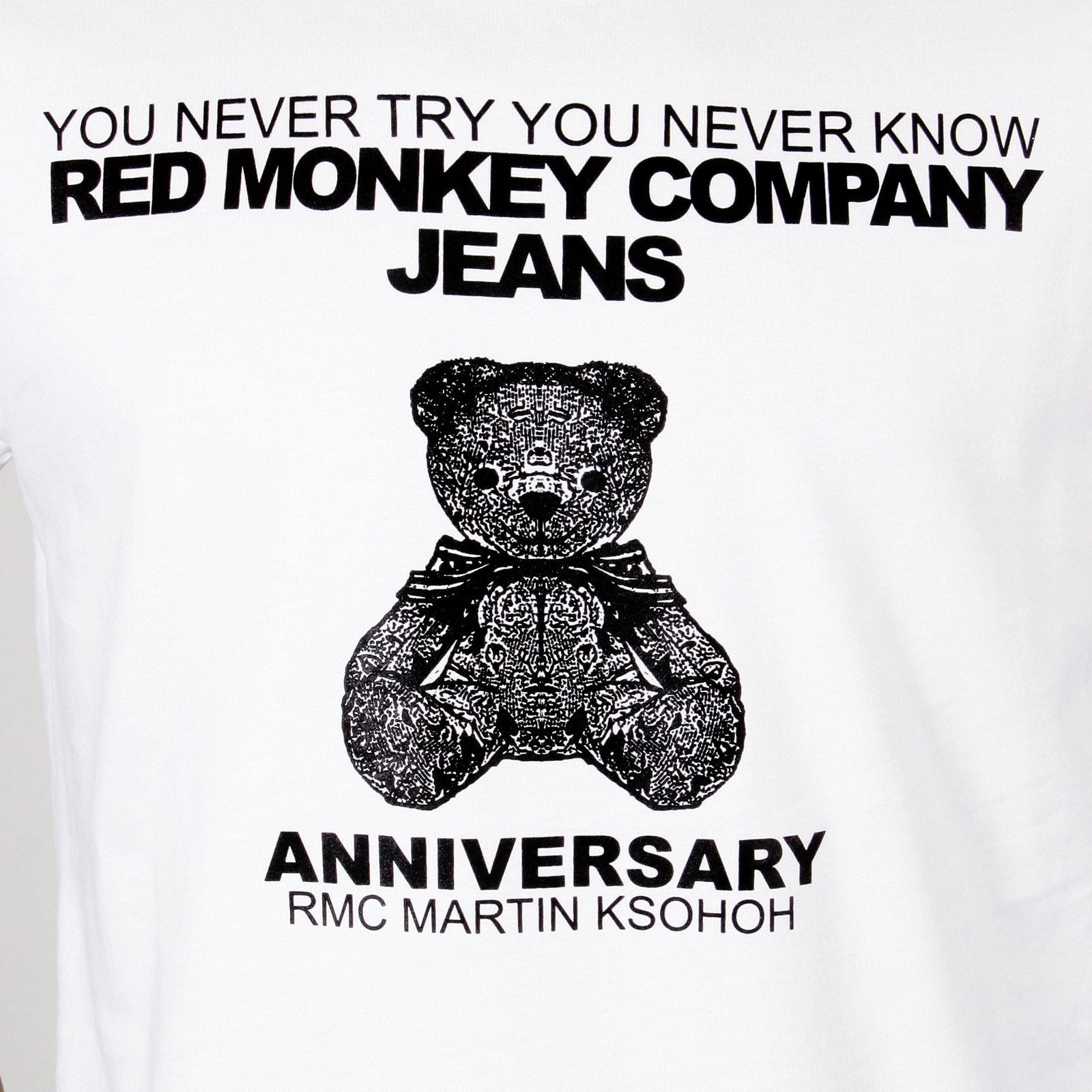 RMC WHITE SHORT SLEEVE REGULAR FIT CREW NECK T-SHIRT WITH 8TH ANNIVERSARY TEDDY BEAR PRINT REDM2786