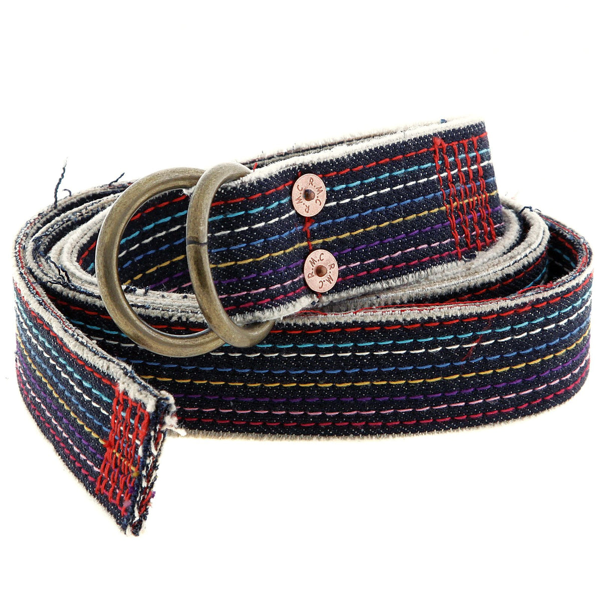 RMC JEANS HANDMADE DENIM BELT WITH RAINBOW COMBO EMBROIDERED STITCHING AND FRAYED EDGES REDM5453