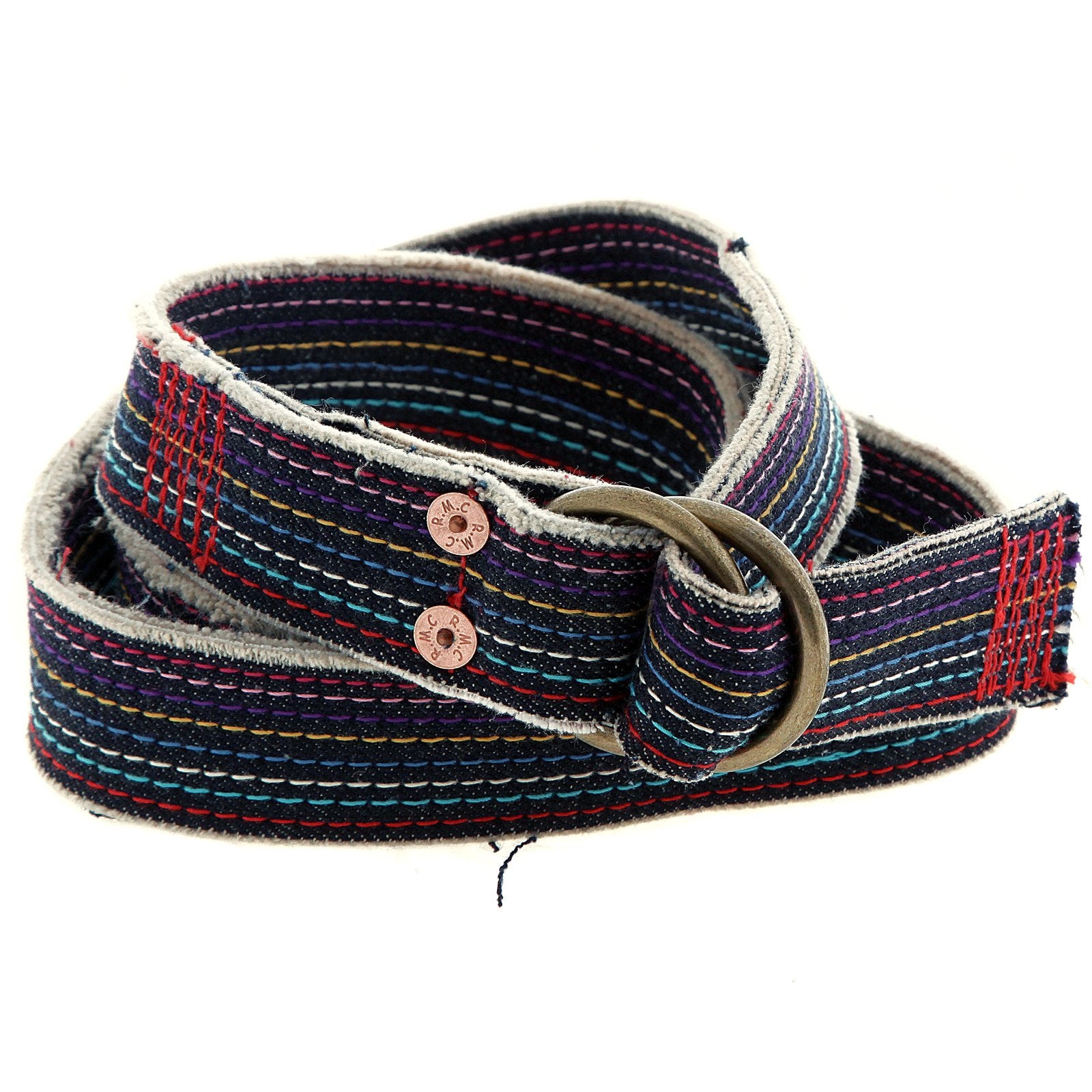 RMC JEANS HANDMADE DENIM BELT WITH RAINBOW COMBO EMBROIDERED STITCHING AND FRAYED EDGES REDM5453