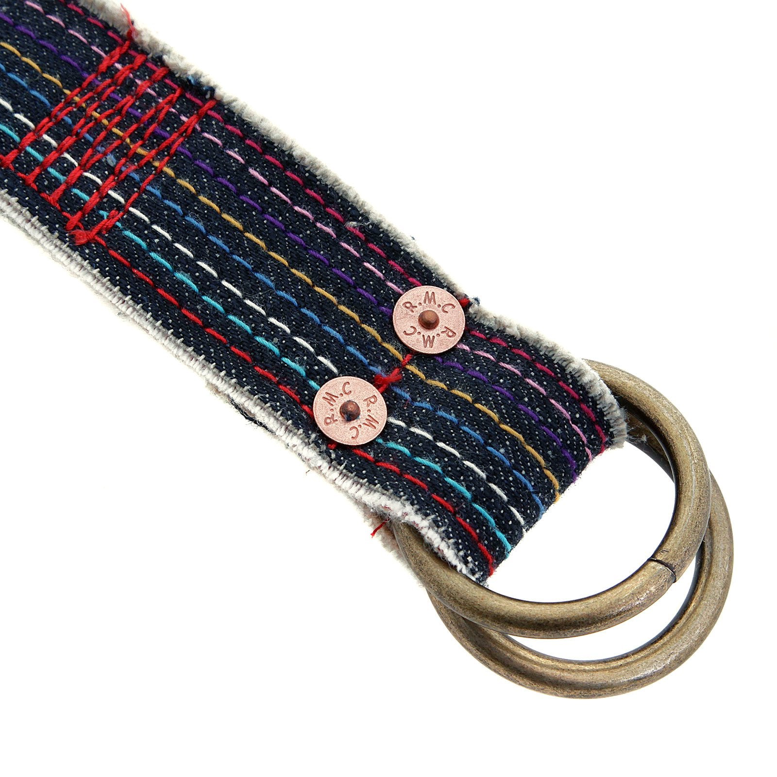 RMC JEANS HANDMADE DENIM BELT WITH RAINBOW COMBO EMBROIDERED STITCHING AND FRAYED EDGES REDM5453