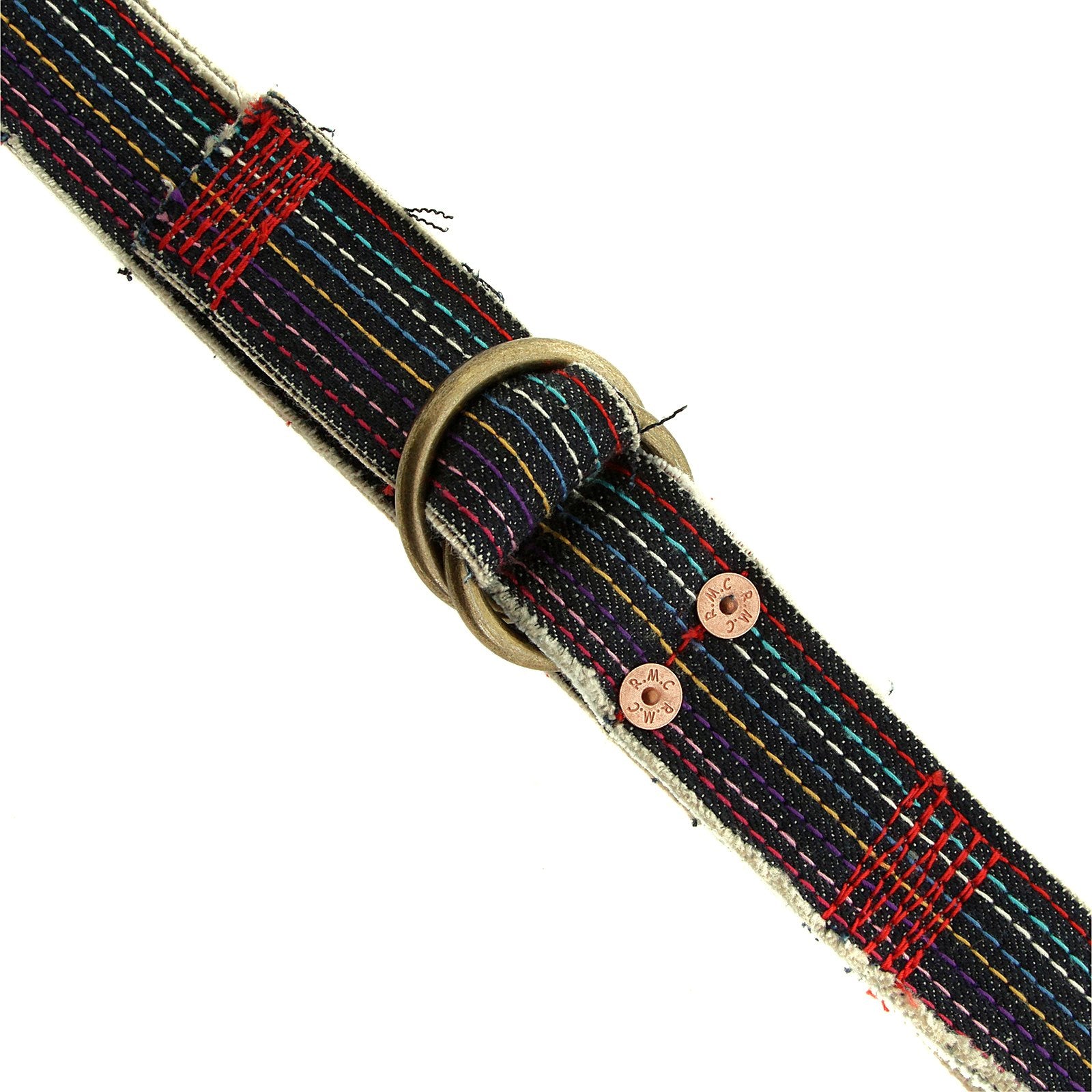 RMC JEANS HANDMADE DENIM BELT WITH RAINBOW COMBO EMBROIDERED STITCHING AND FRAYED EDGES REDM5453