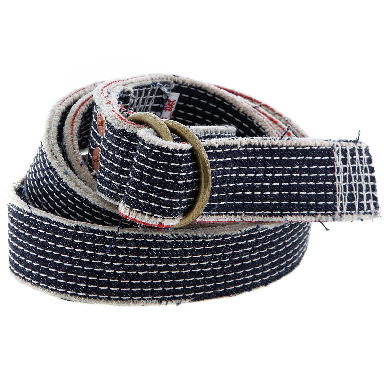 RMC JEANS HANDMADE JAPANESE RING BUCKLE DENIM BELT WITH WHITE EMBROIDERED STITCHING REDM5457