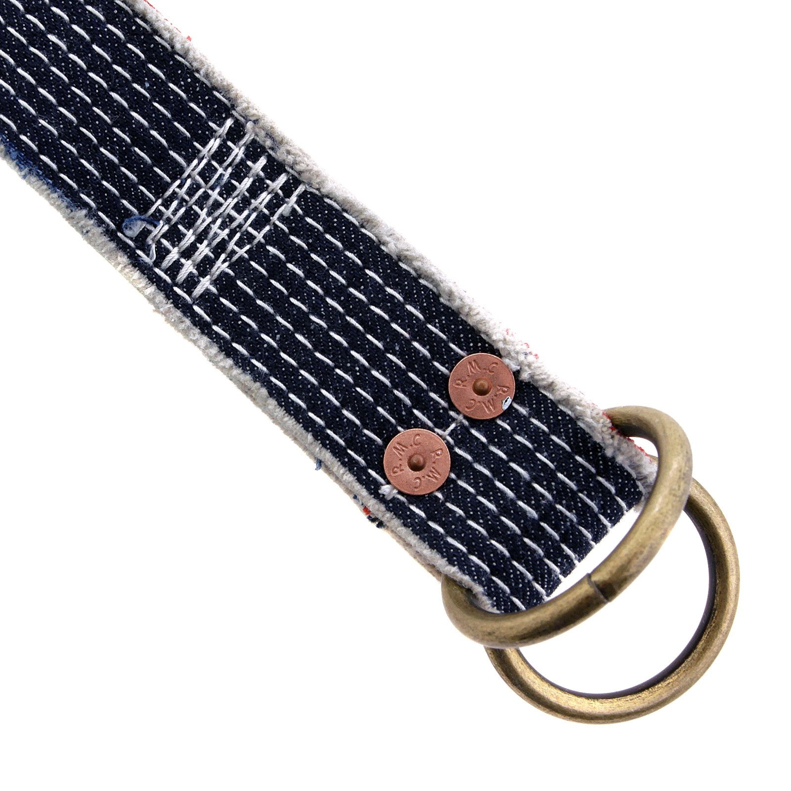 RMC JEANS HANDMADE JAPANESE RING BUCKLE DENIM BELT WITH WHITE EMBROIDERED STITCHING REDM5457