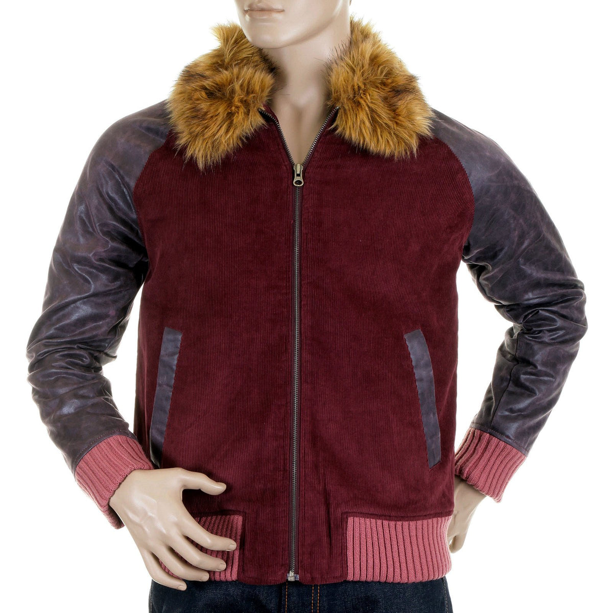 RMC JEANS SUPER EXCLUSIVE CLARET CORD AND PLATHER JACKET WITH CORDED BODY VARIEGATED SLEEVES REDM5322