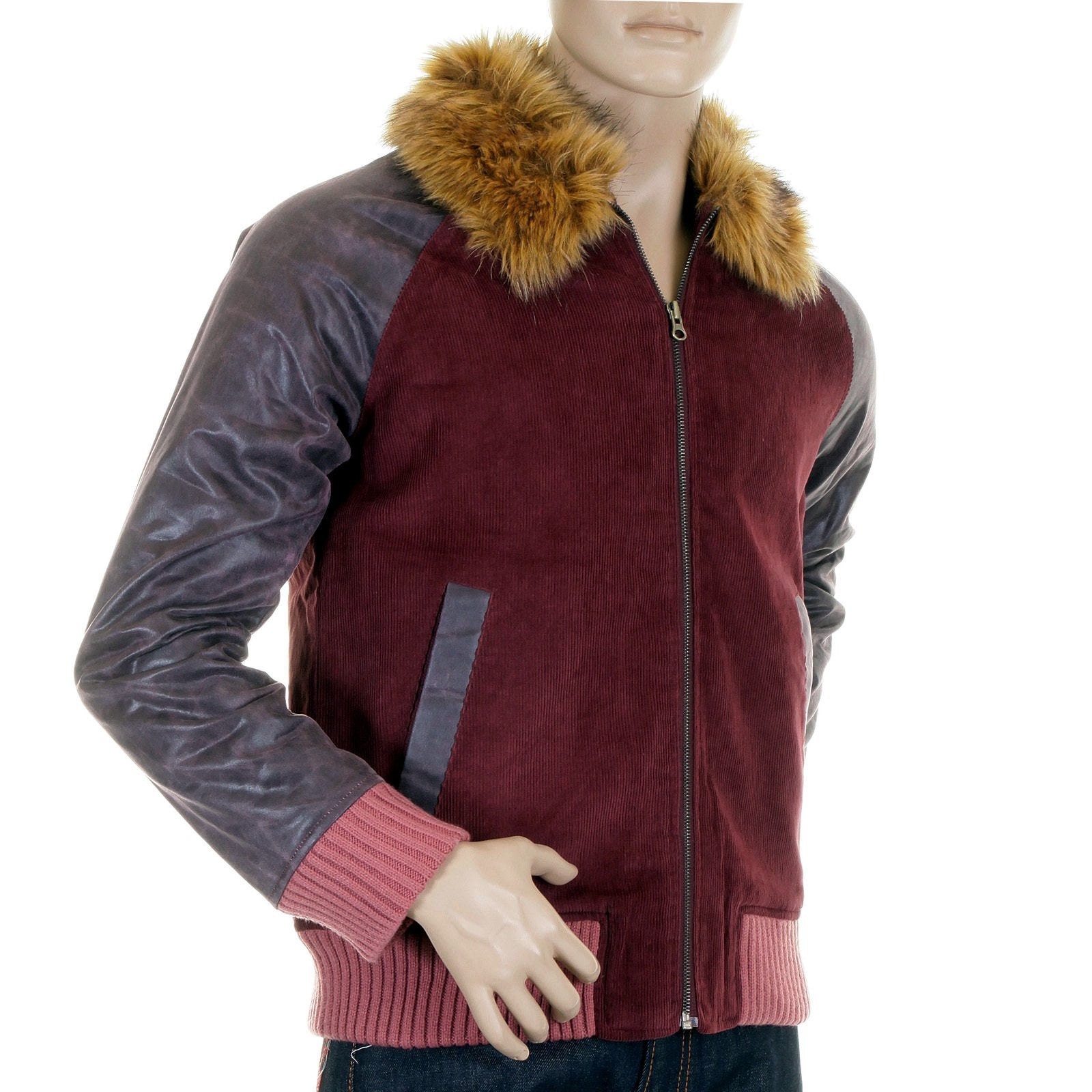 RMC JEANS SUPER EXCLUSIVE CLARET CORD AND PLATHER JACKET WITH CORDED BODY VARIEGATED SLEEVES REDM5322