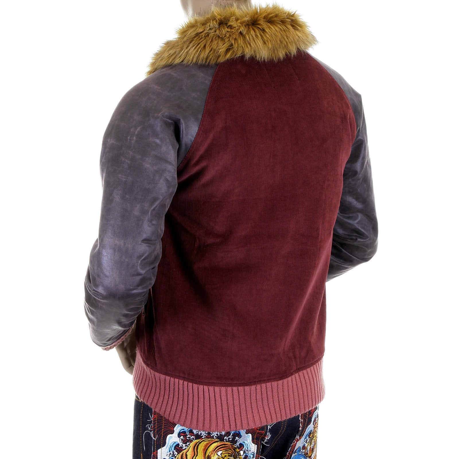 RMC JEANS SUPER EXCLUSIVE CLARET CORD AND PLATHER JACKET WITH CORDED BODY VARIEGATED SLEEVES REDM5322