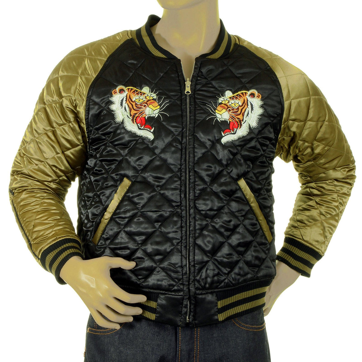 RMC JEANS FULLY REVERSIBLE BLACK AND GOLD SUPER EXCLUSIVE SILK QUILTED JACKET WITH TIGER EMBROIDERY REDM5662