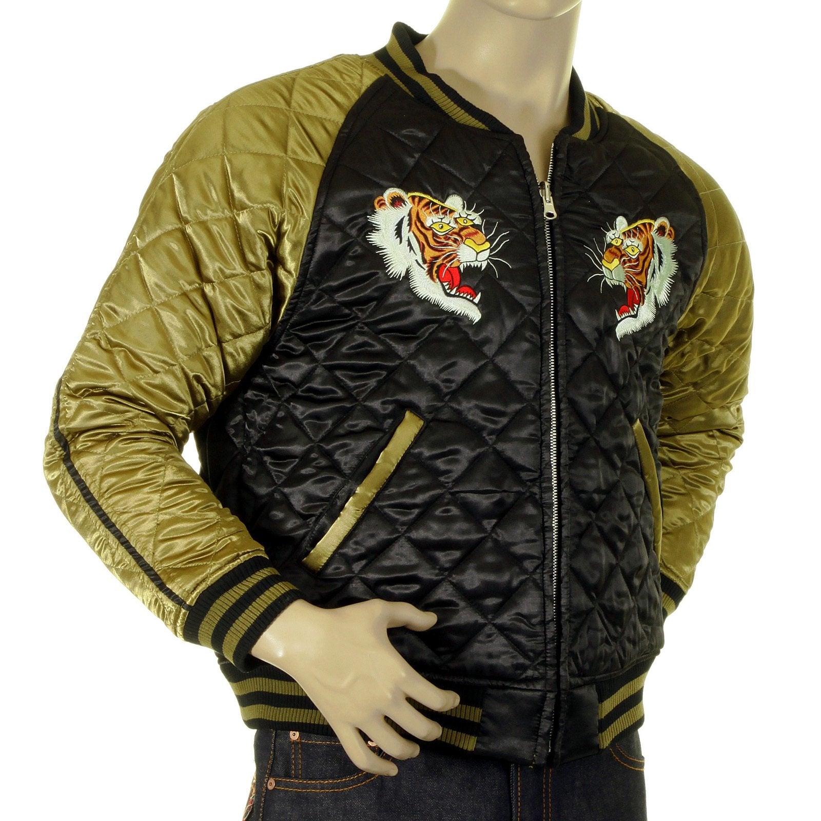 RMC JEANS FULLY REVERSIBLE BLACK AND GOLD SUPER EXCLUSIVE SILK QUILTED JACKET WITH TIGER EMBROIDERY REDM5662