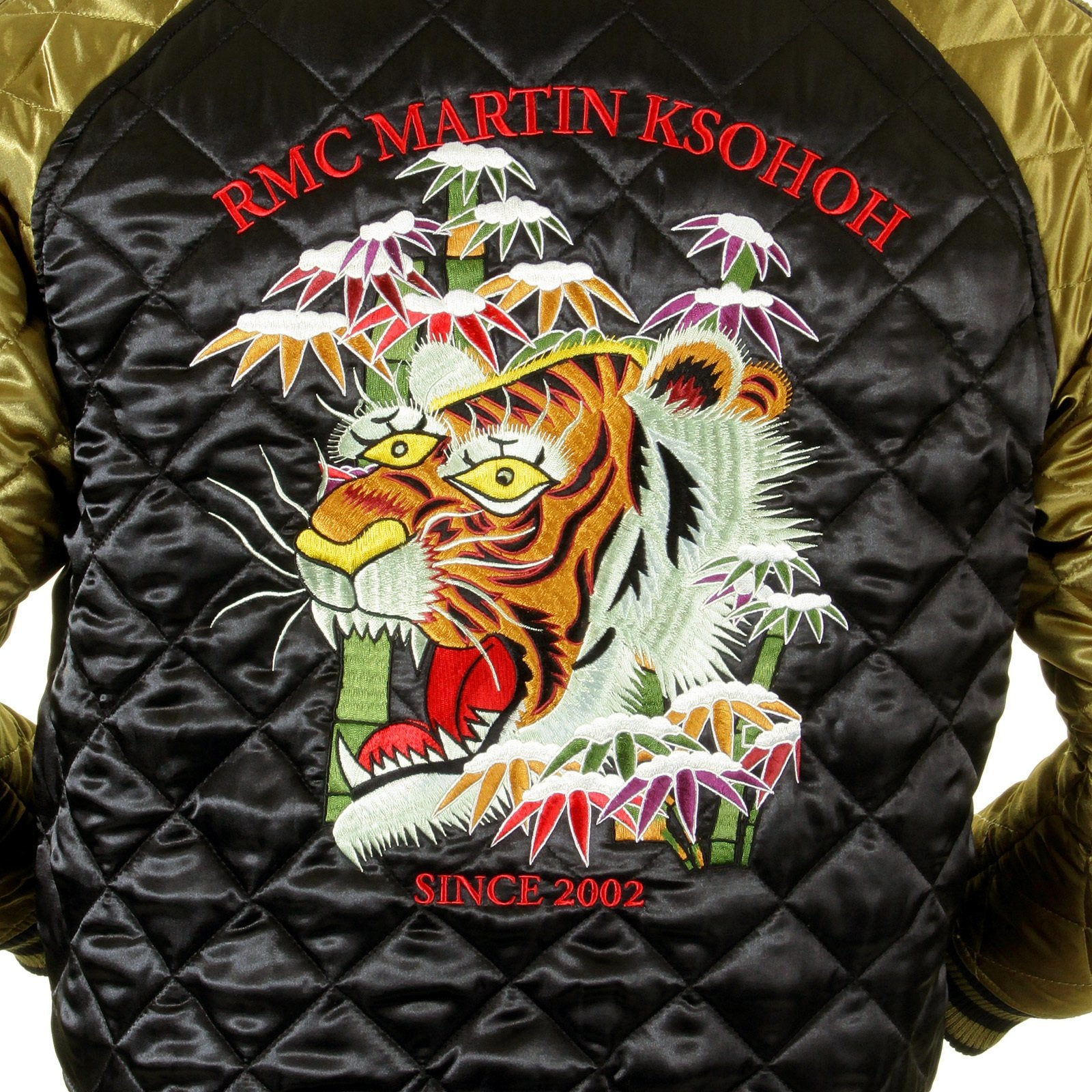 RMC JEANS FULLY REVERSIBLE BLACK AND GOLD SUPER EXCLUSIVE SILK QUILTED JACKET WITH TIGER EMBROIDERY REDM5662