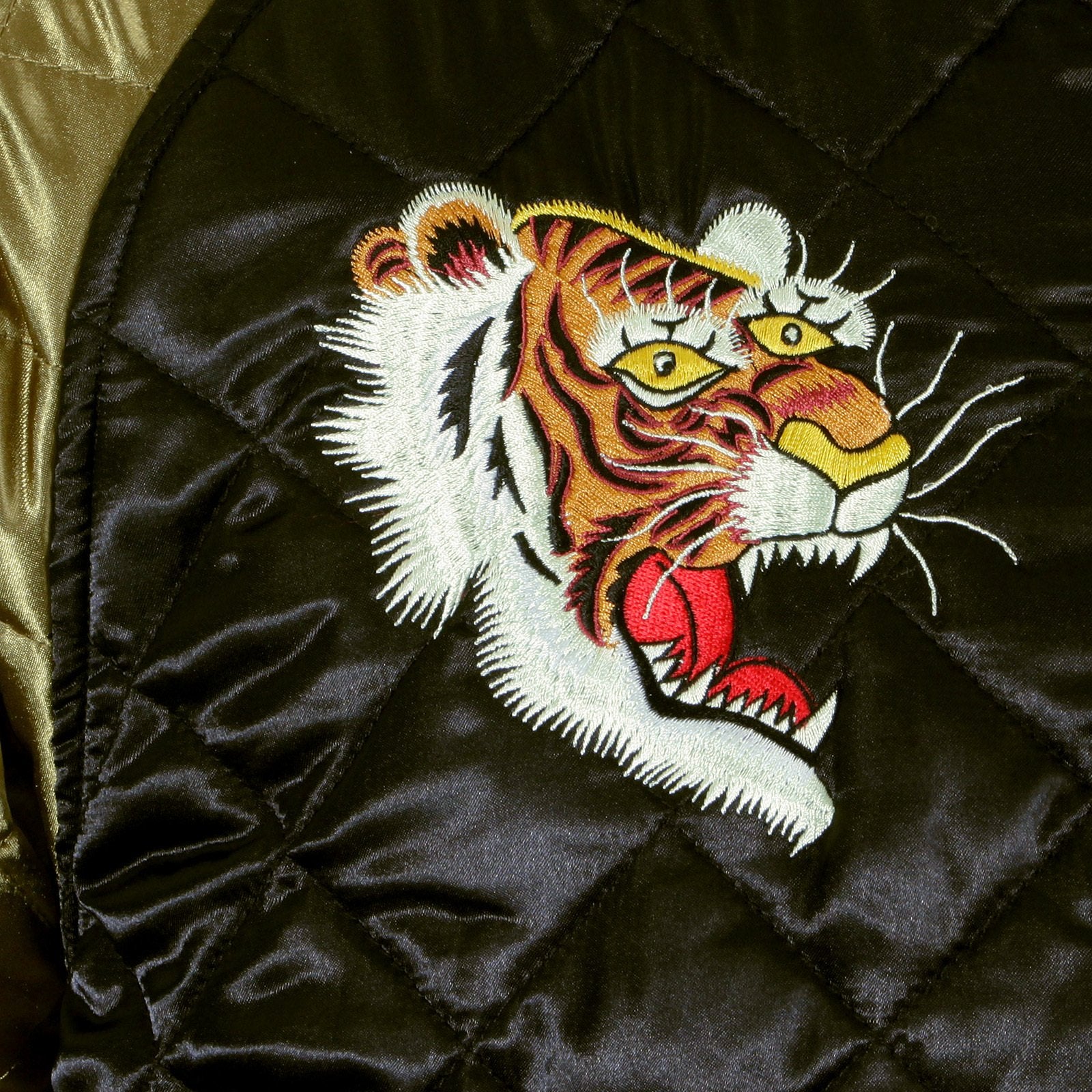 RMC JEANS FULLY REVERSIBLE BLACK AND GOLD SUPER EXCLUSIVE SILK QUILTED JACKET WITH TIGER EMBROIDERY REDM5662
