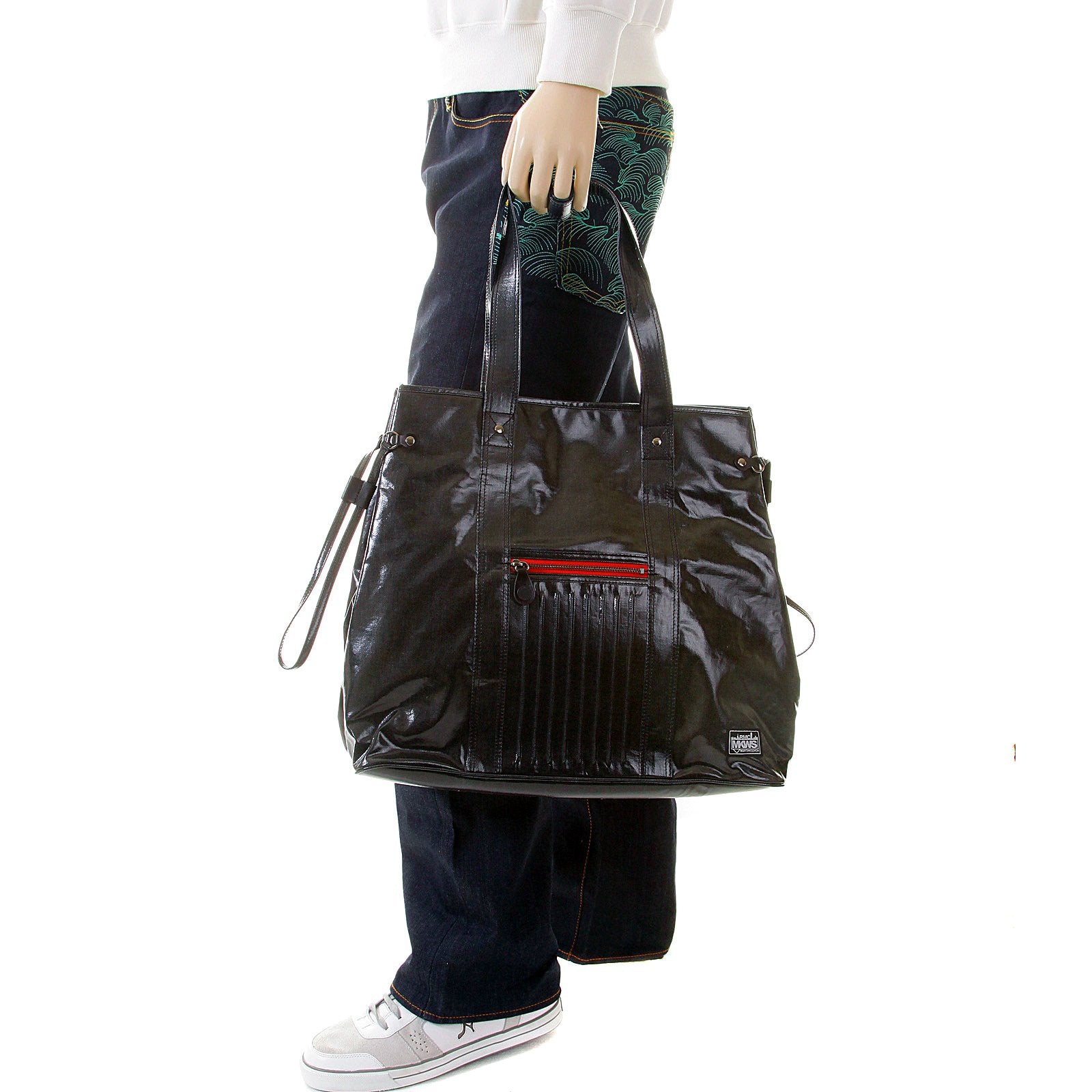 RMC MARTIN KSOHOH MKWS UNISEX COATED DENIM SHOPPER BAG WITH LAMINATED TARTAN LINING REDM5534