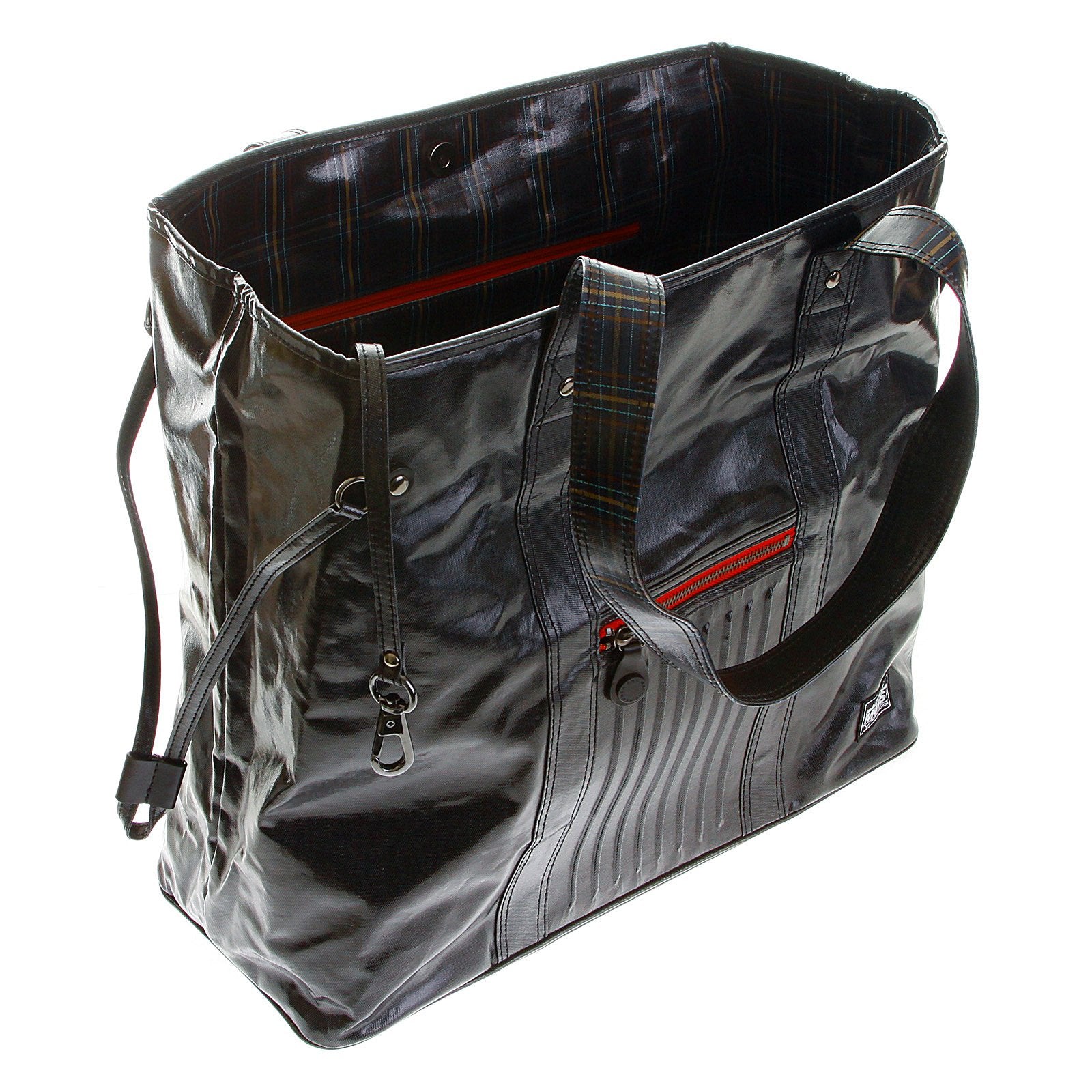 RMC MARTIN KSOHOH MKWS UNISEX COATED DENIM SHOPPER BAG WITH LAMINATED TARTAN LINING REDM5534