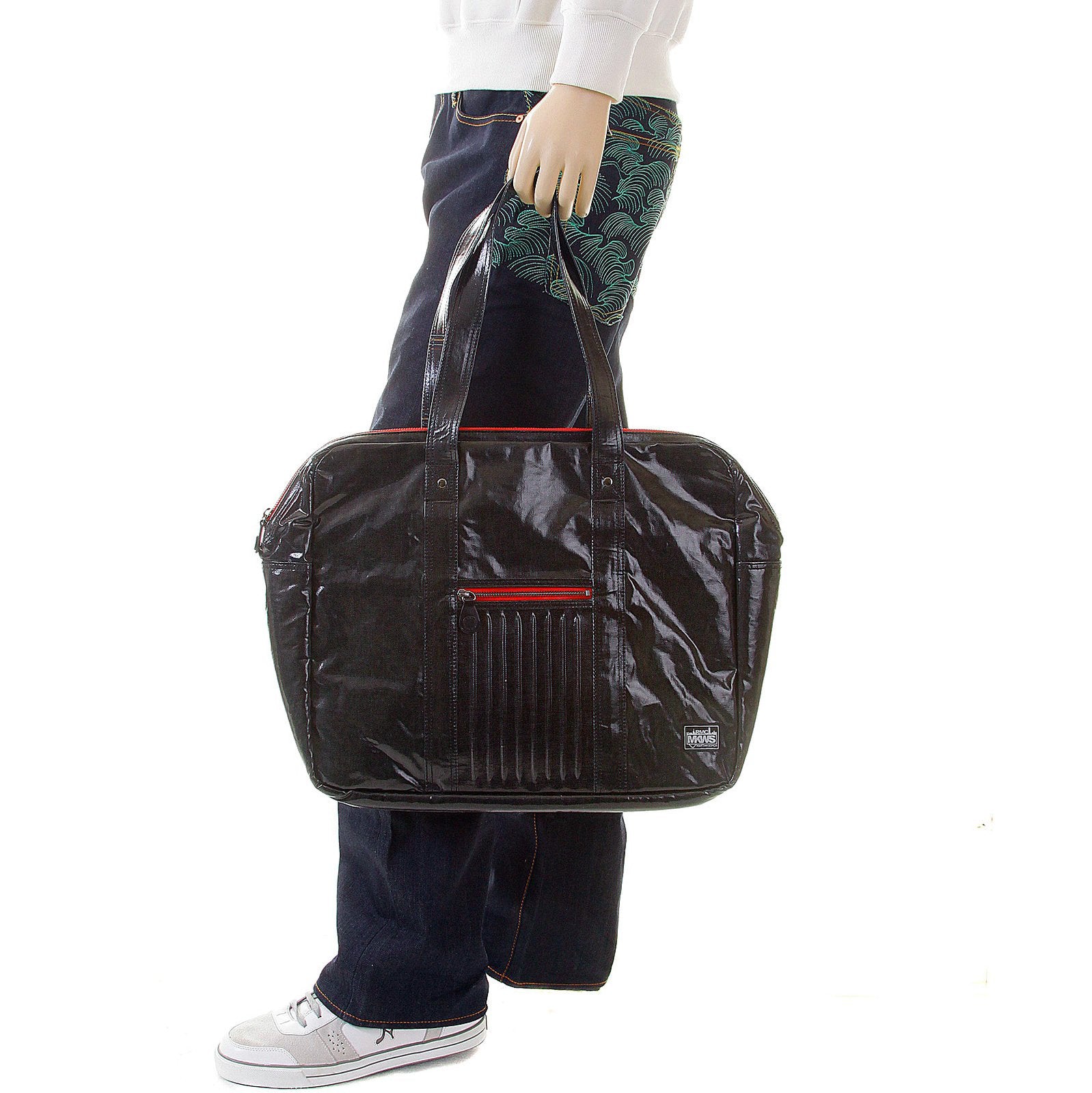RMC MKWS UNISEX BLACK COATED DENIM HAND CARRY BAG WITH LAMINATED TARTAN LINING REDM5537