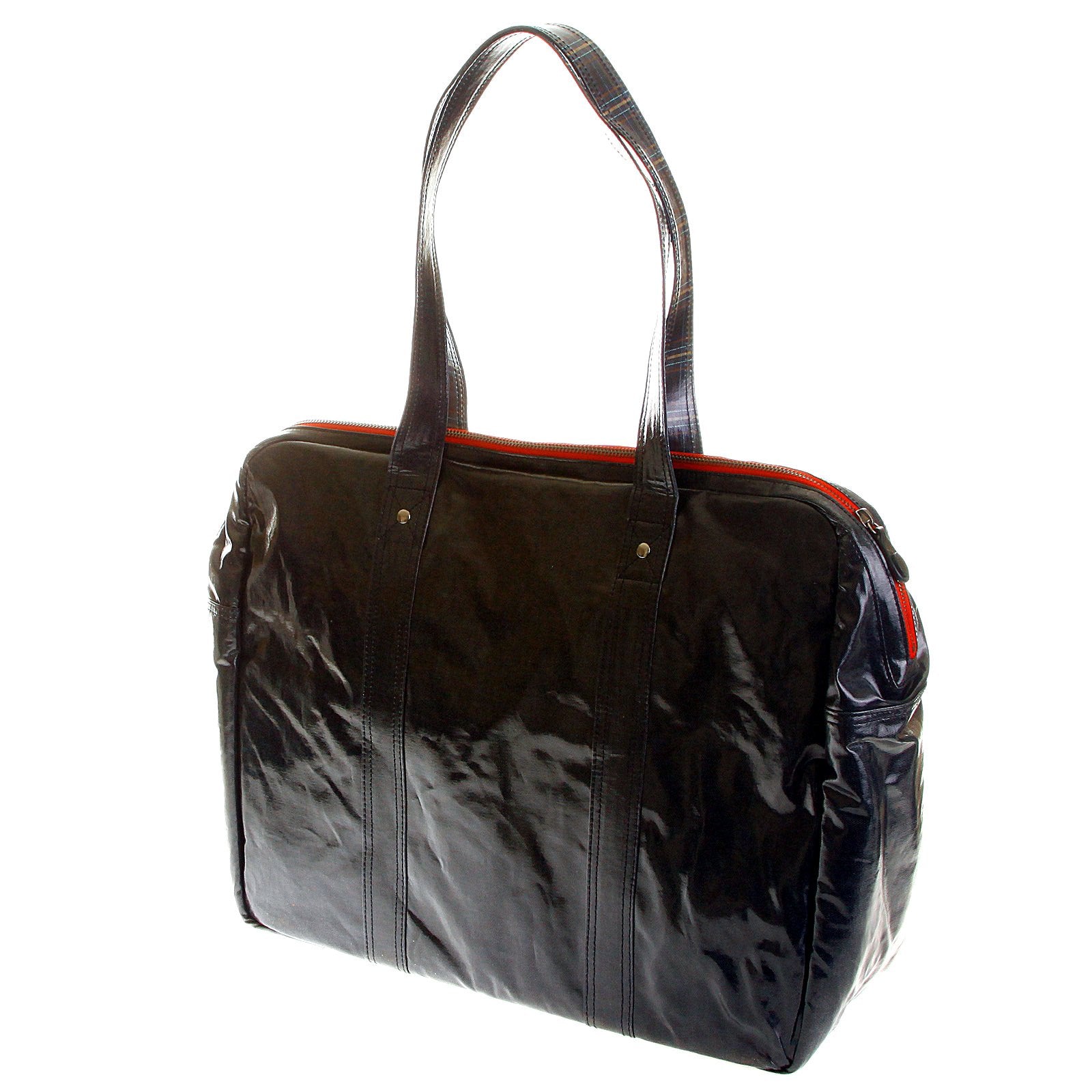 RMC MKWS UNISEX BLACK COATED DENIM HAND CARRY BAG WITH LAMINATED TARTAN LINING REDM5537