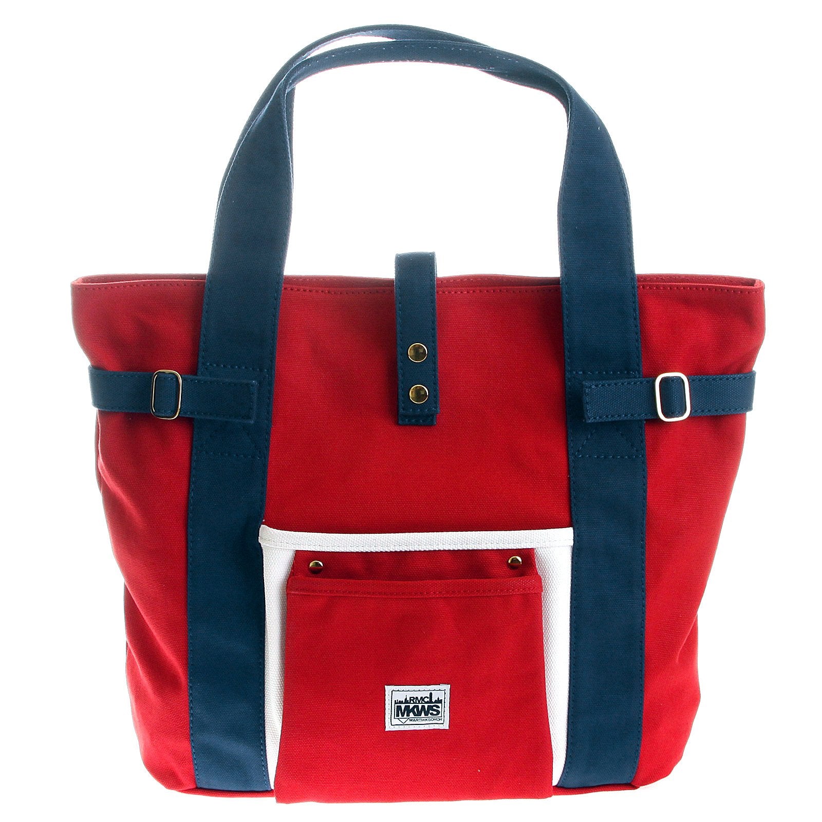 RMC MKWS UNISEX RED CANVAS HAND CARRY BAG WITH TRIM IN NAVY AND WHITE AND NAVY HANDLES REDM5582