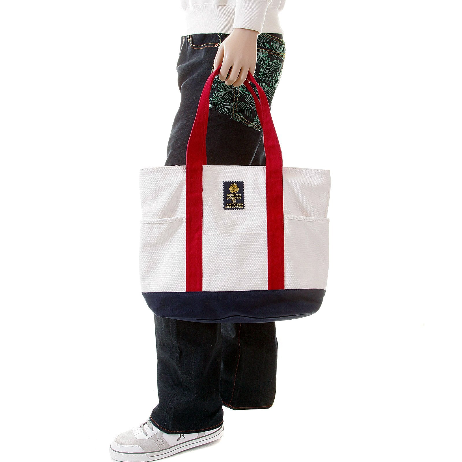 RMC MKWS UNISEX WHITE CANVAS SHOPPER BAG WITH NAVY CANVAS BASE AND RED CANVAS HANDLES REDM5589