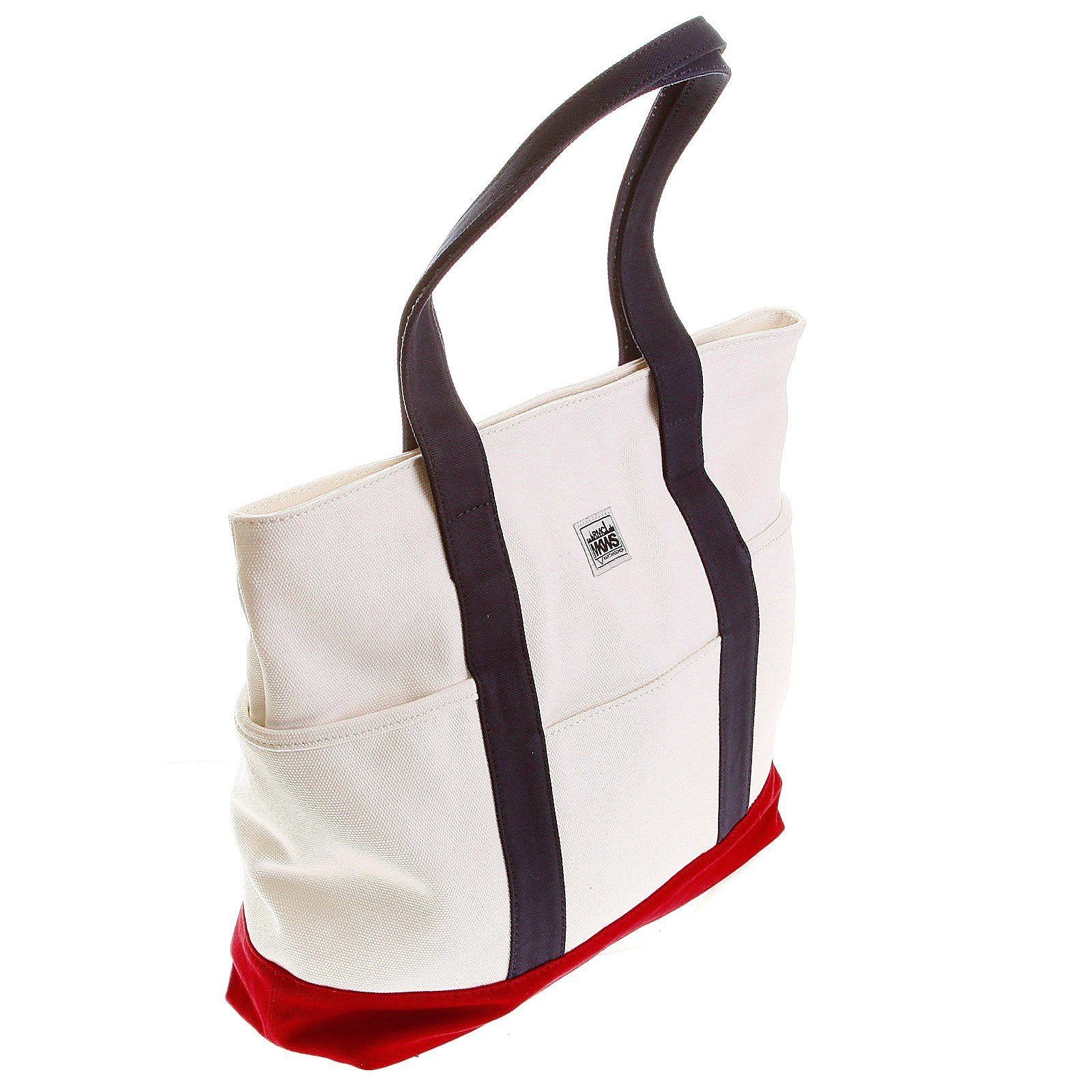 RMC MKWS COTTON UNISEX WHITE CANVAS SHOPPER BAG WITH RED CANVAS BASE AND NAVY CANVAS HANDLES REDM5588