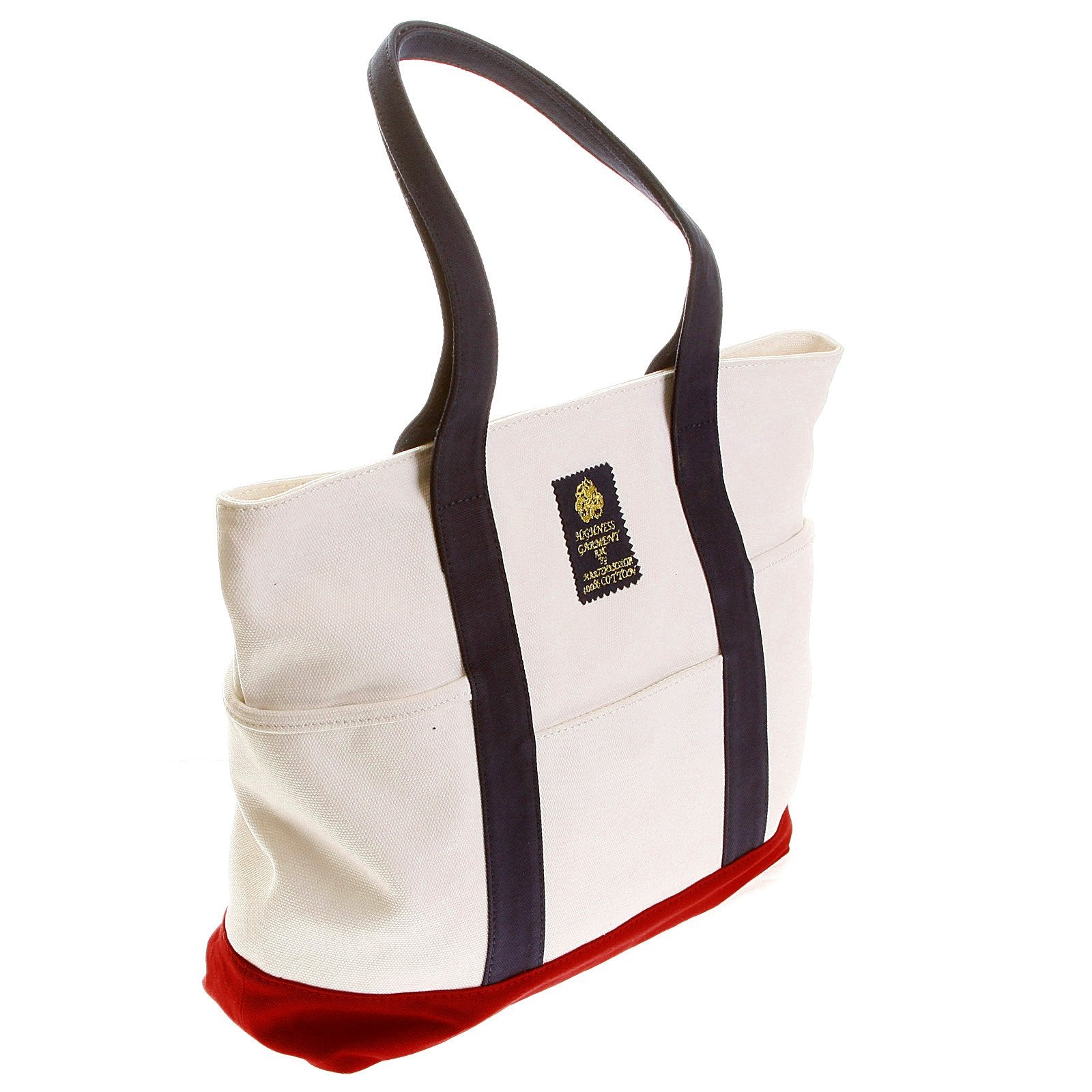 RMC MKWS COTTON UNISEX WHITE CANVAS SHOPPER BAG WITH RED CANVAS BASE AND NAVY CANVAS HANDLES REDM5588