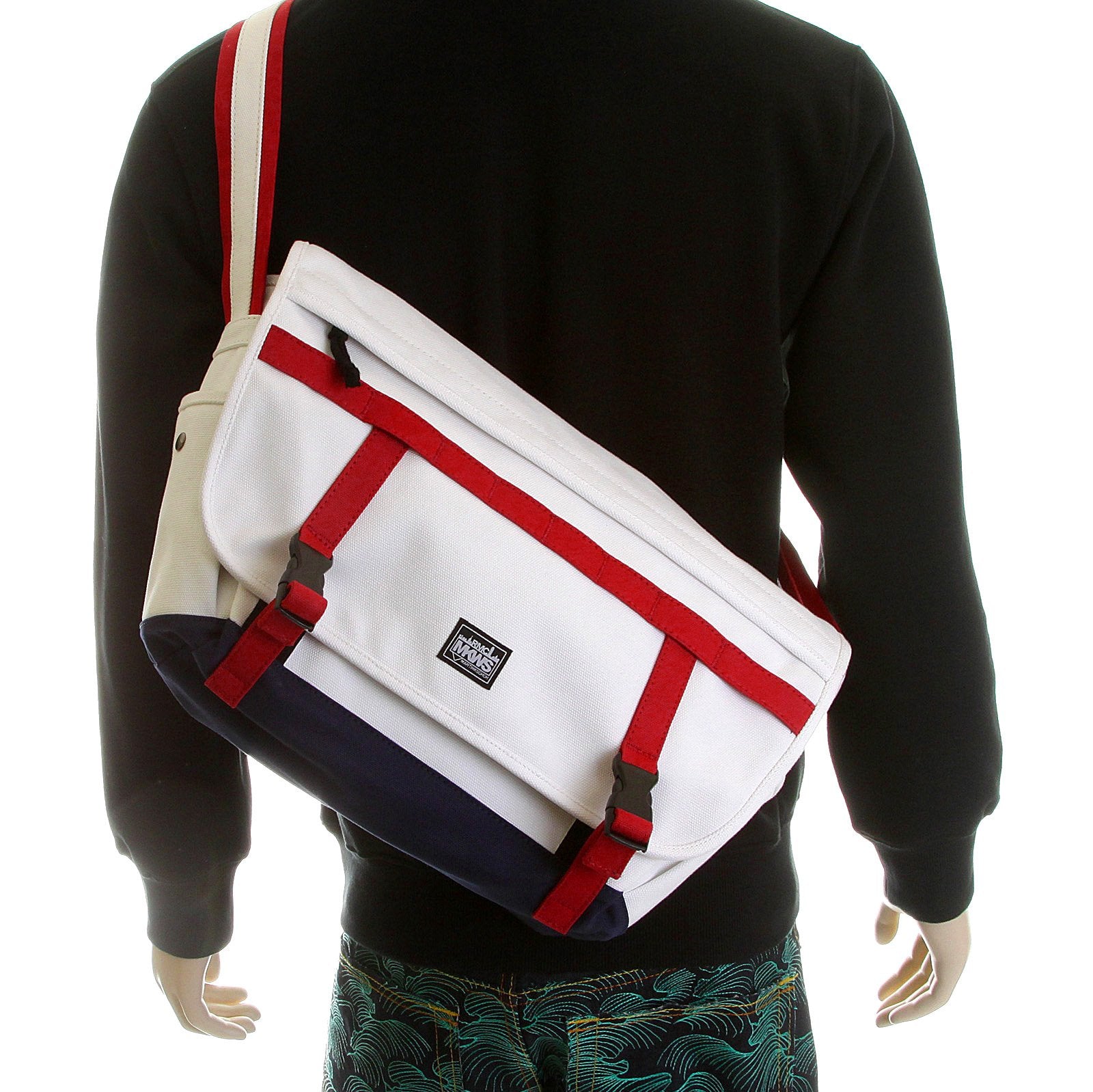 RMC MKWS UNISEX 100% COTTON LARGE CANVAS SHOULDER BAG IN WHITE WITH RED AND NAVY TRIM REDM5578