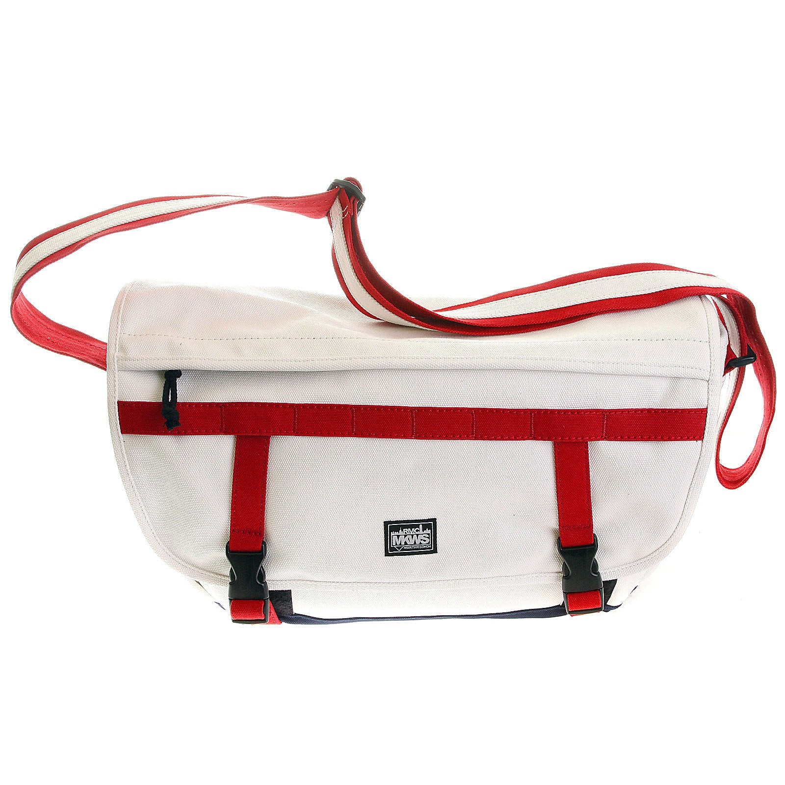 RMC MKWS UNISEX 100% COTTON LARGE CANVAS SHOULDER BAG IN WHITE WITH RED AND NAVY TRIM REDM5578