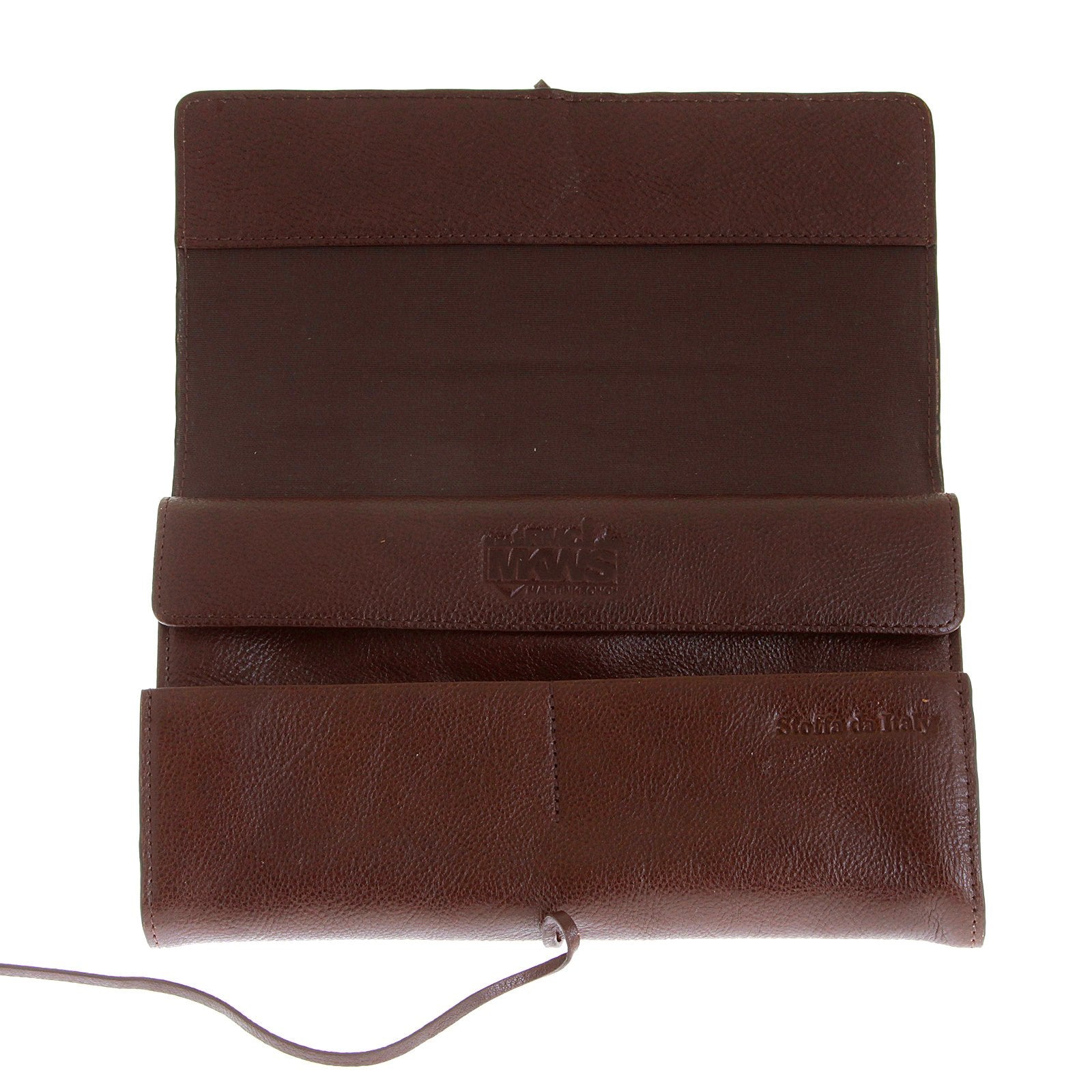 RMC JEANS UNISEX GRAIN LEATHER TRAVEL WALLET IN BROWN WITH SHOE LACE TIE CLOSURE REDM5751