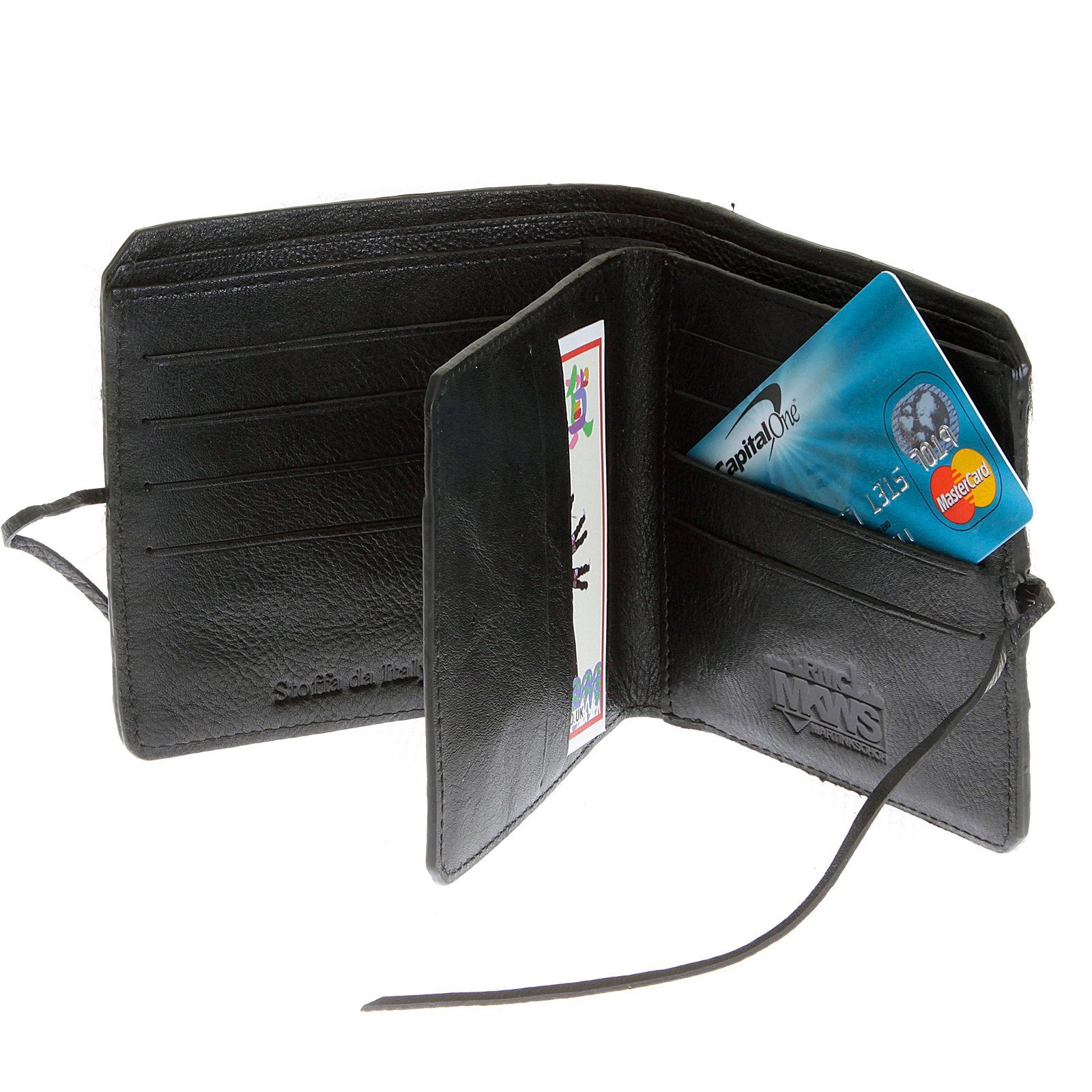 RMC JEANS MENS LEATHER HORSE HAIR WALLET IN BLACK WITH SHOE LACE TIE CLOSURE REDM5767