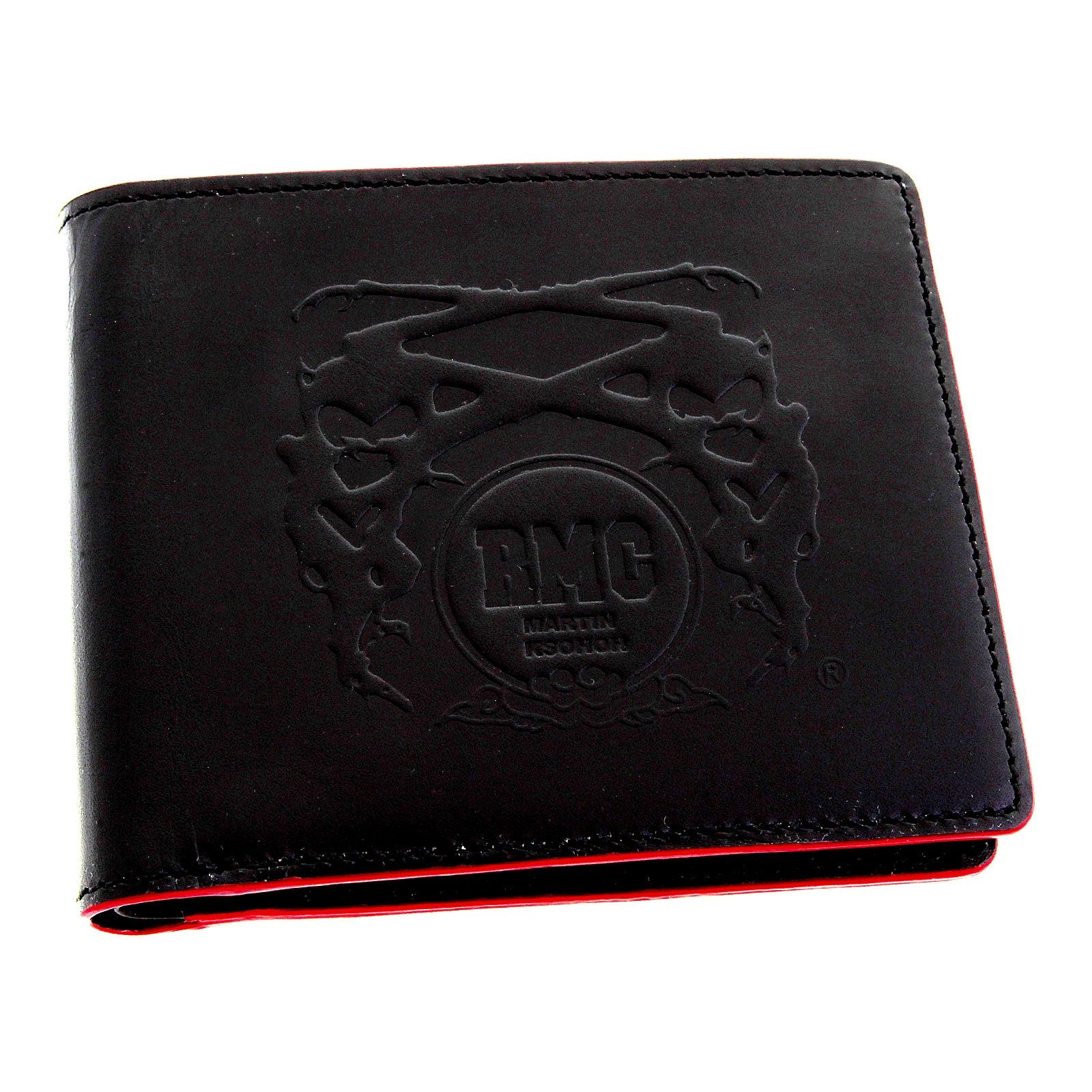 RMC JEANS BLACK LEATHER BILL FOLD AND CREDIT CARD WALLET WITH RED LEATHER TRIM FOR MEN REDM5514