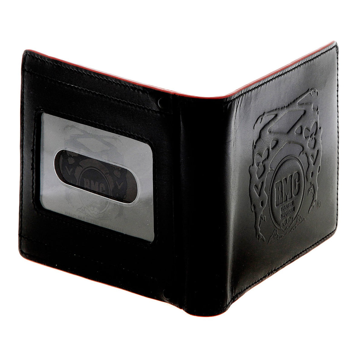 RMC JEANS BLACK LEATHER BILL FOLD AND CREDIT CARD WALLET WITH RED LEATHER TRIM FOR MEN REDM5514
