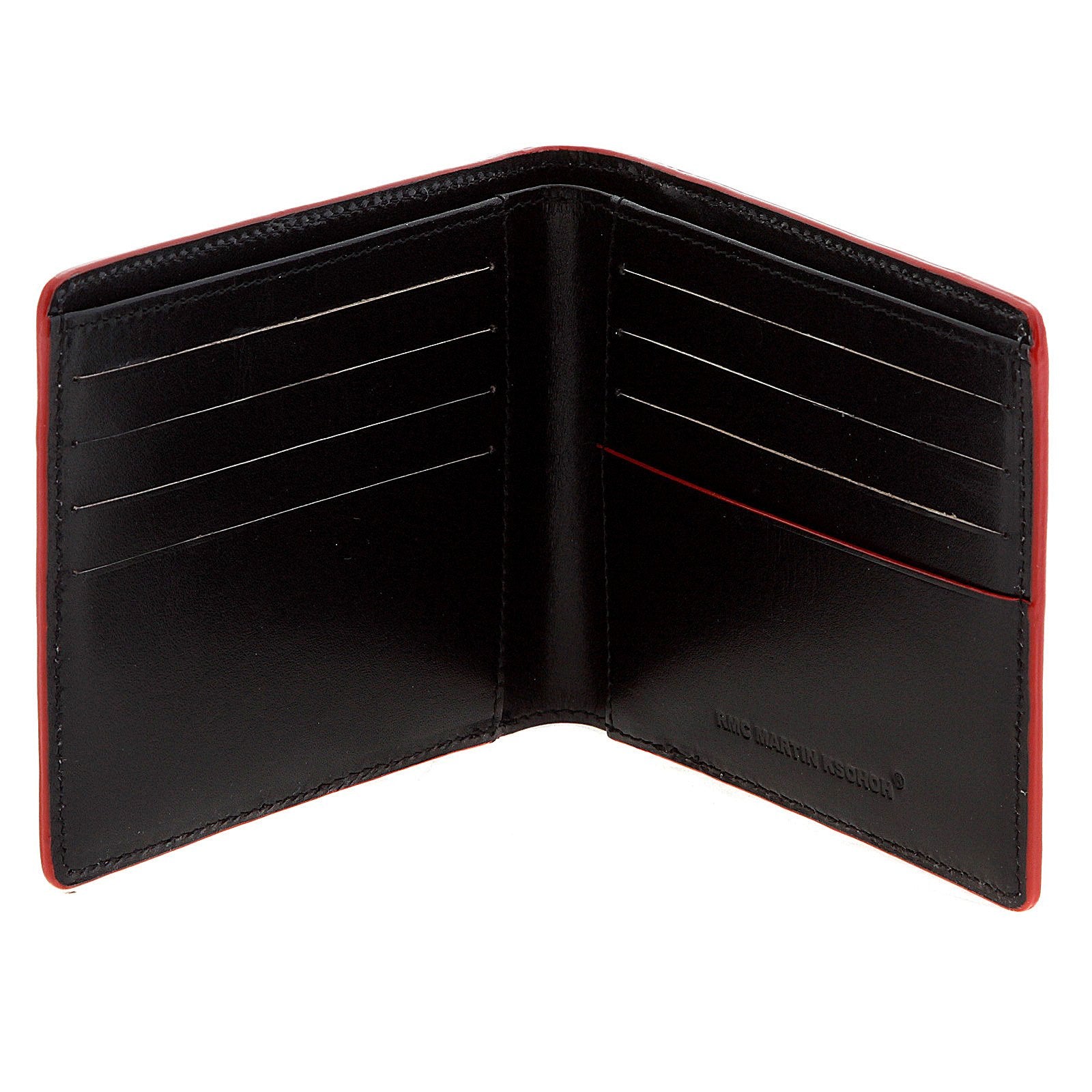 RMC JEANS BLACK LEATHER BILL FOLD AND CREDIT CARD WALLET WITH RED LEATHER TRIM FOR MEN REDM5514