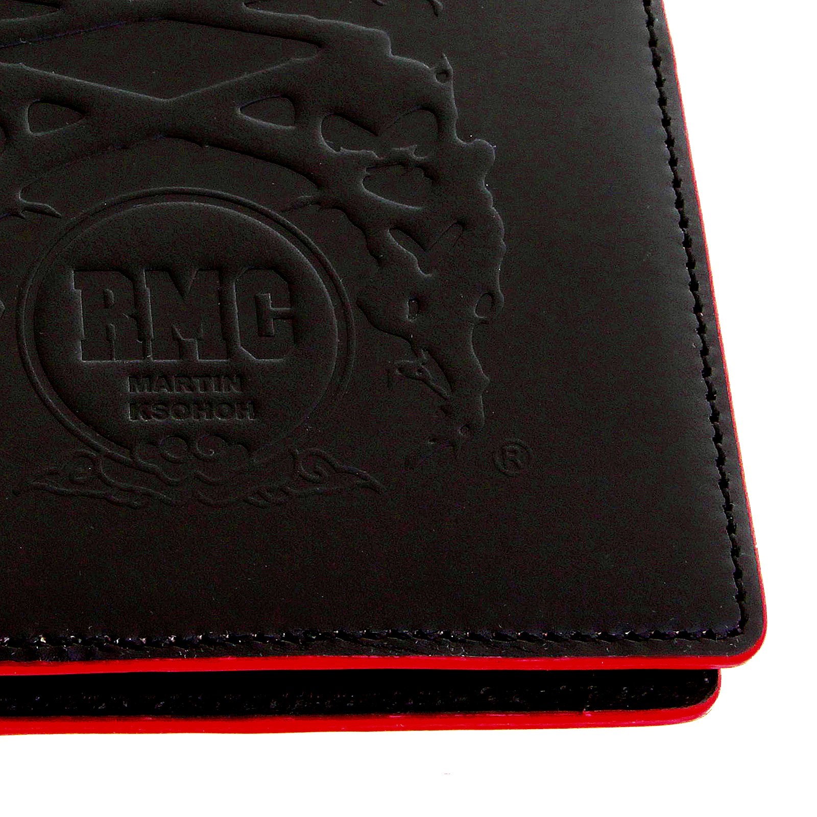 RMC JEANS BLACK LEATHER BILL FOLD AND CREDIT CARD WALLET WITH RED LEATHER TRIM FOR MEN REDM5514