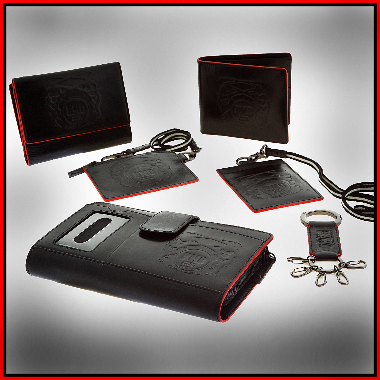 RMC JEANS BLACK LEATHER BILL FOLD AND CREDIT CARD WALLET WITH RED LEATHER TRIM FOR MEN REDM5514