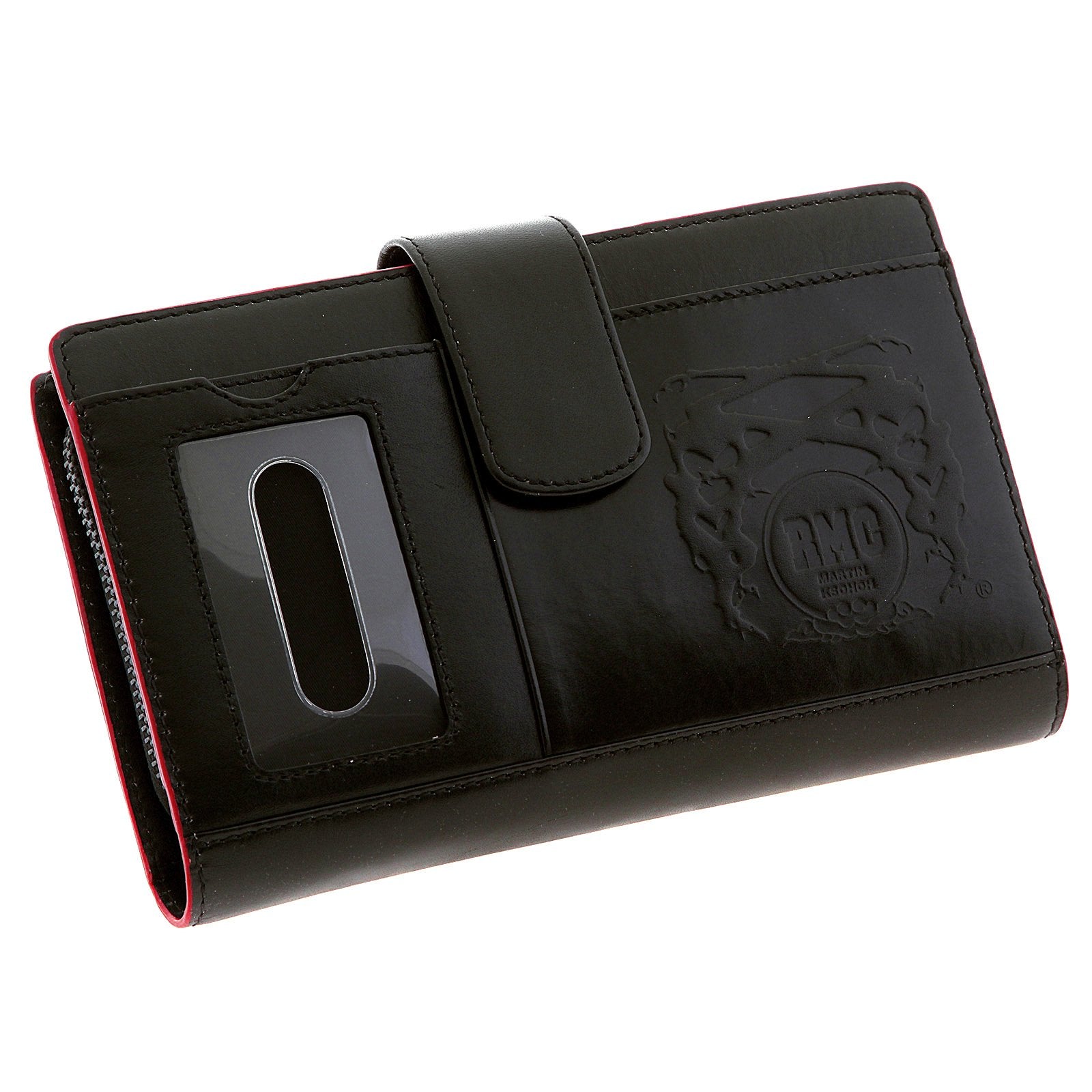 RMC JEANS UNISEX LEATHER LARGE TRAVEL BLACK WALLET WITH RED LEATHER TRIM REDM5521