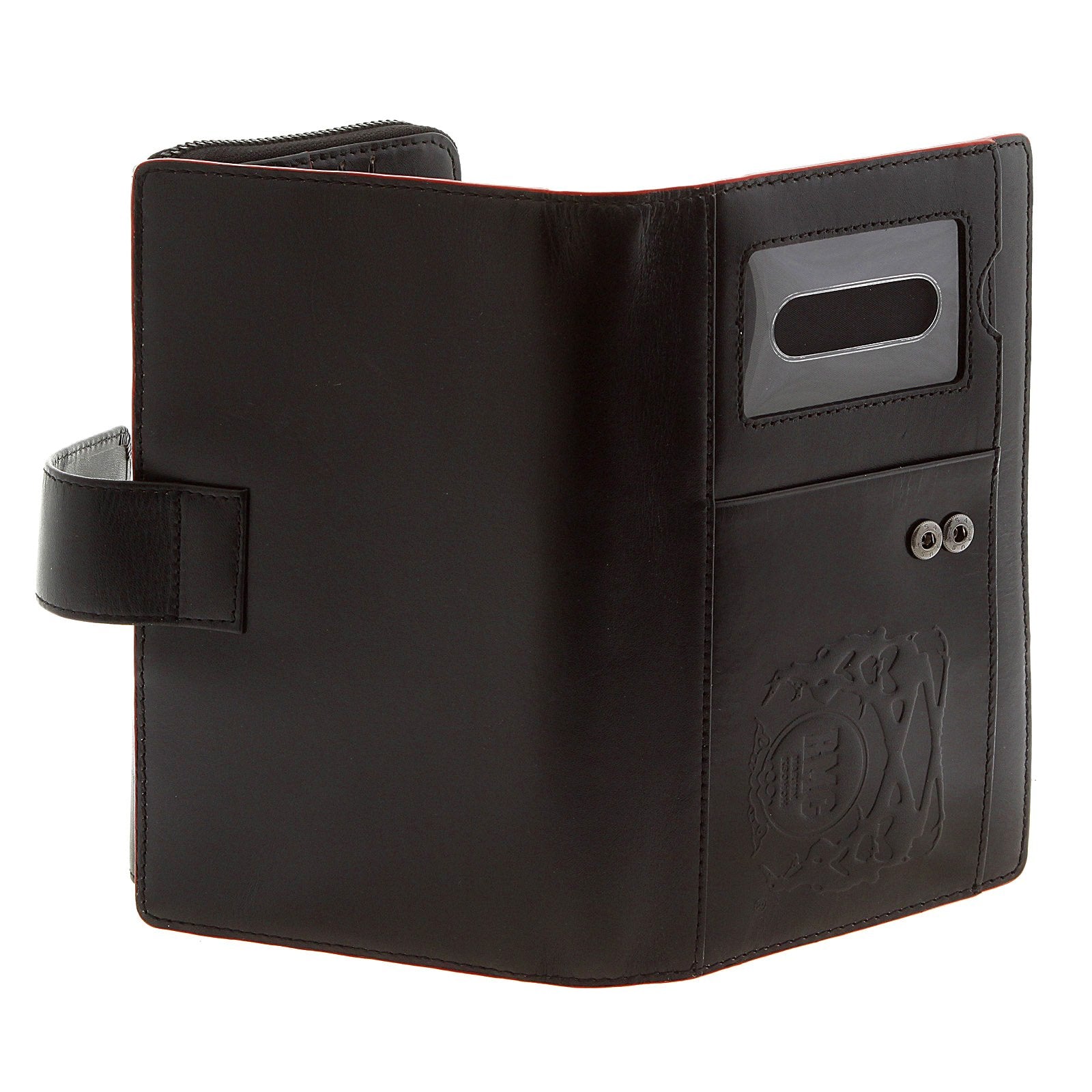 RMC JEANS UNISEX LEATHER LARGE TRAVEL BLACK WALLET WITH RED LEATHER TRIM REDM5521