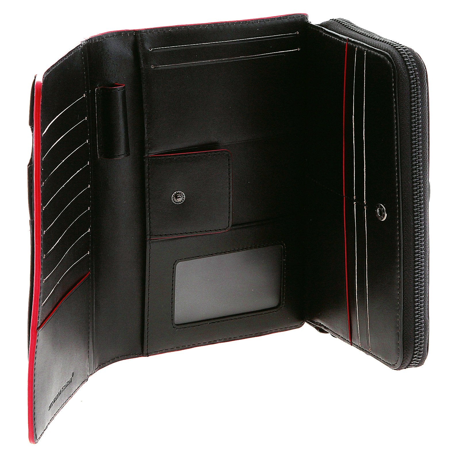 RMC JEANS UNISEX LEATHER LARGE TRAVEL BLACK WALLET WITH RED LEATHER TRIM REDM5521