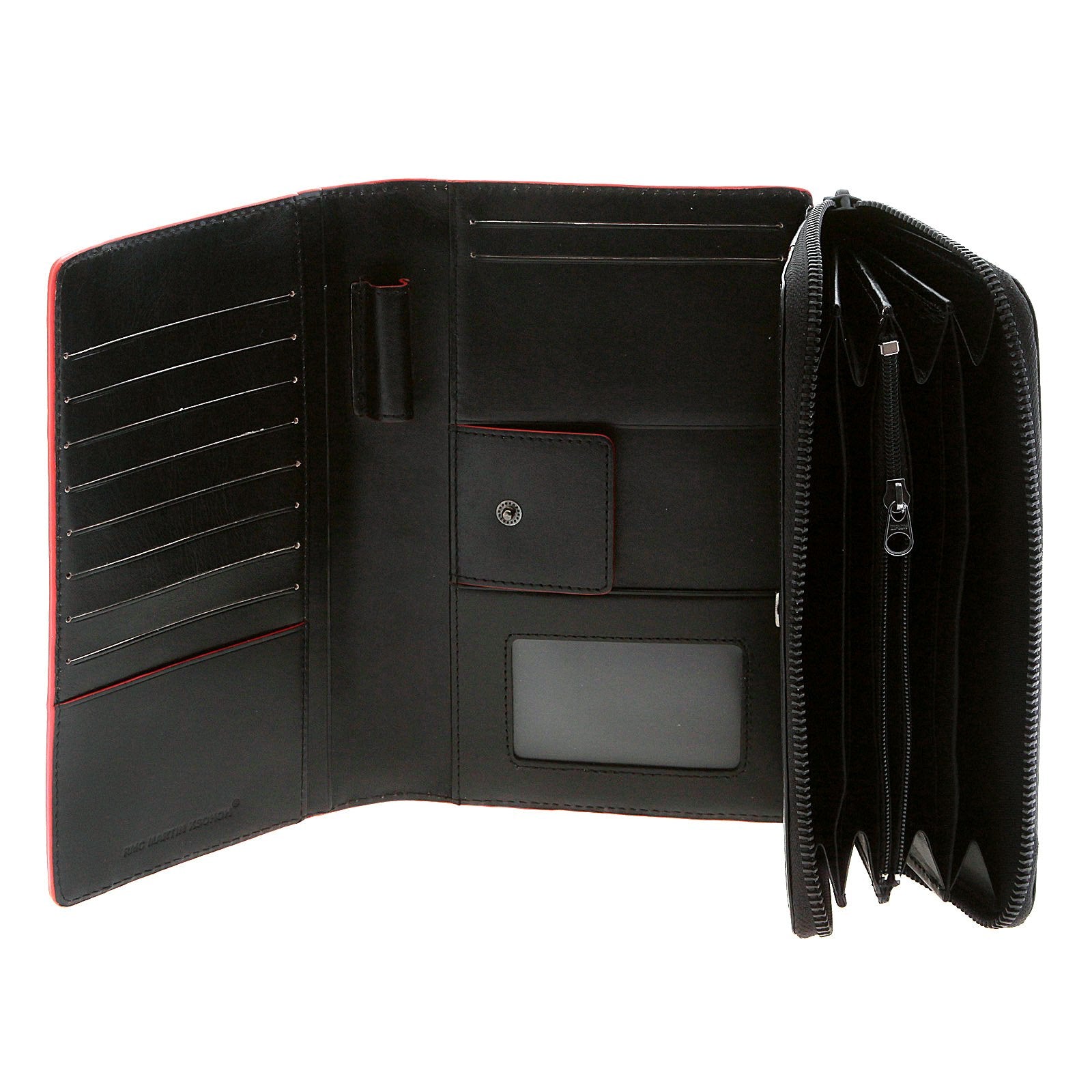RMC JEANS UNISEX LEATHER LARGE TRAVEL BLACK WALLET WITH RED LEATHER TRIM REDM5521