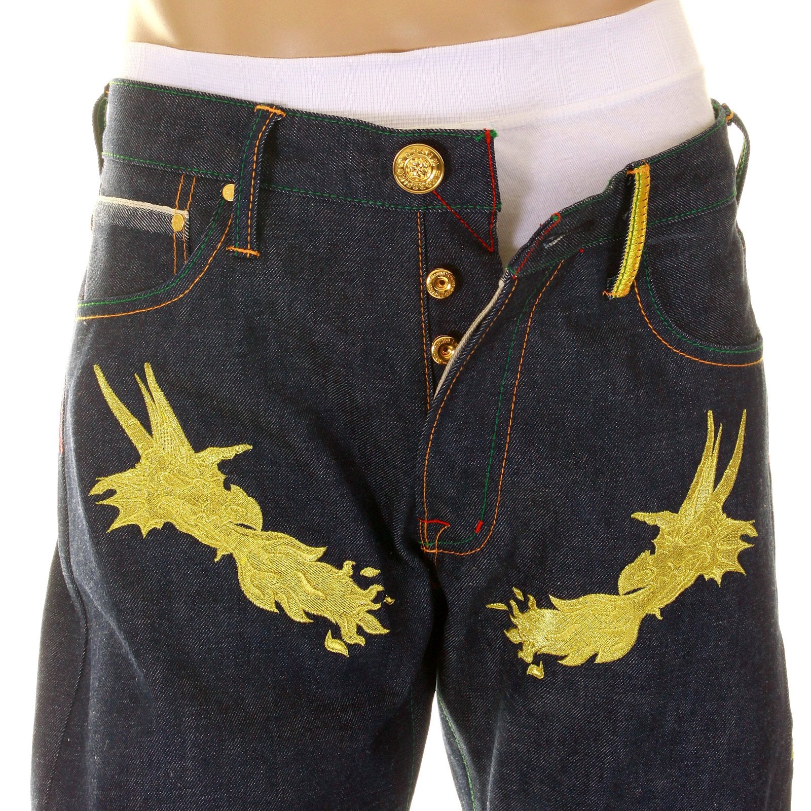 YOROPIKO HUNGRY DRAGON 574 SUPER EXCLUSIVE SELVEDGE DENIM JEANS WITH GOLD EMBROIDERY YORO2878