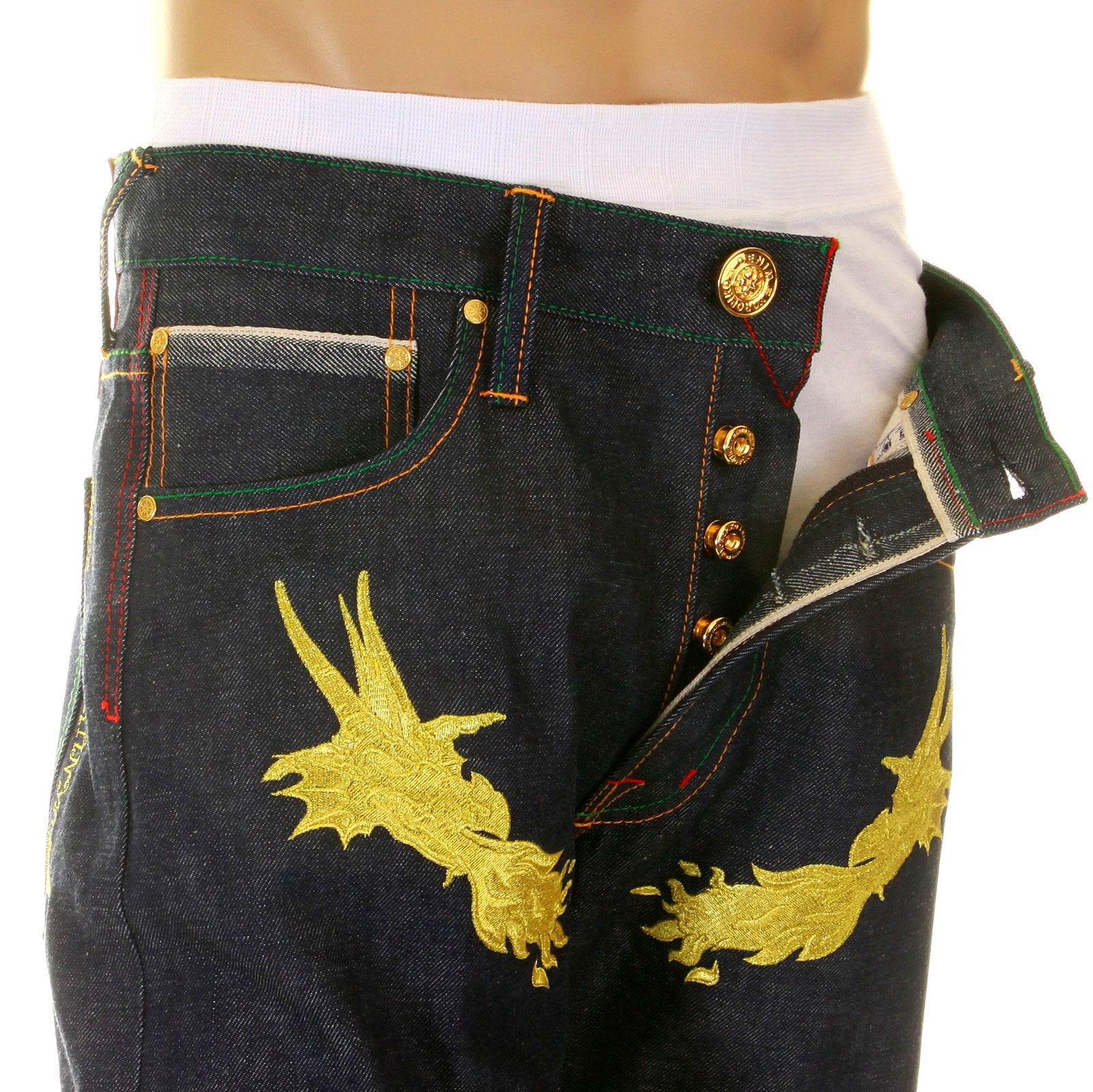 YOROPIKO HUNGRY DRAGON 574 SUPER EXCLUSIVE SELVEDGE DENIM JEANS WITH GOLD EMBROIDERY YORO2878