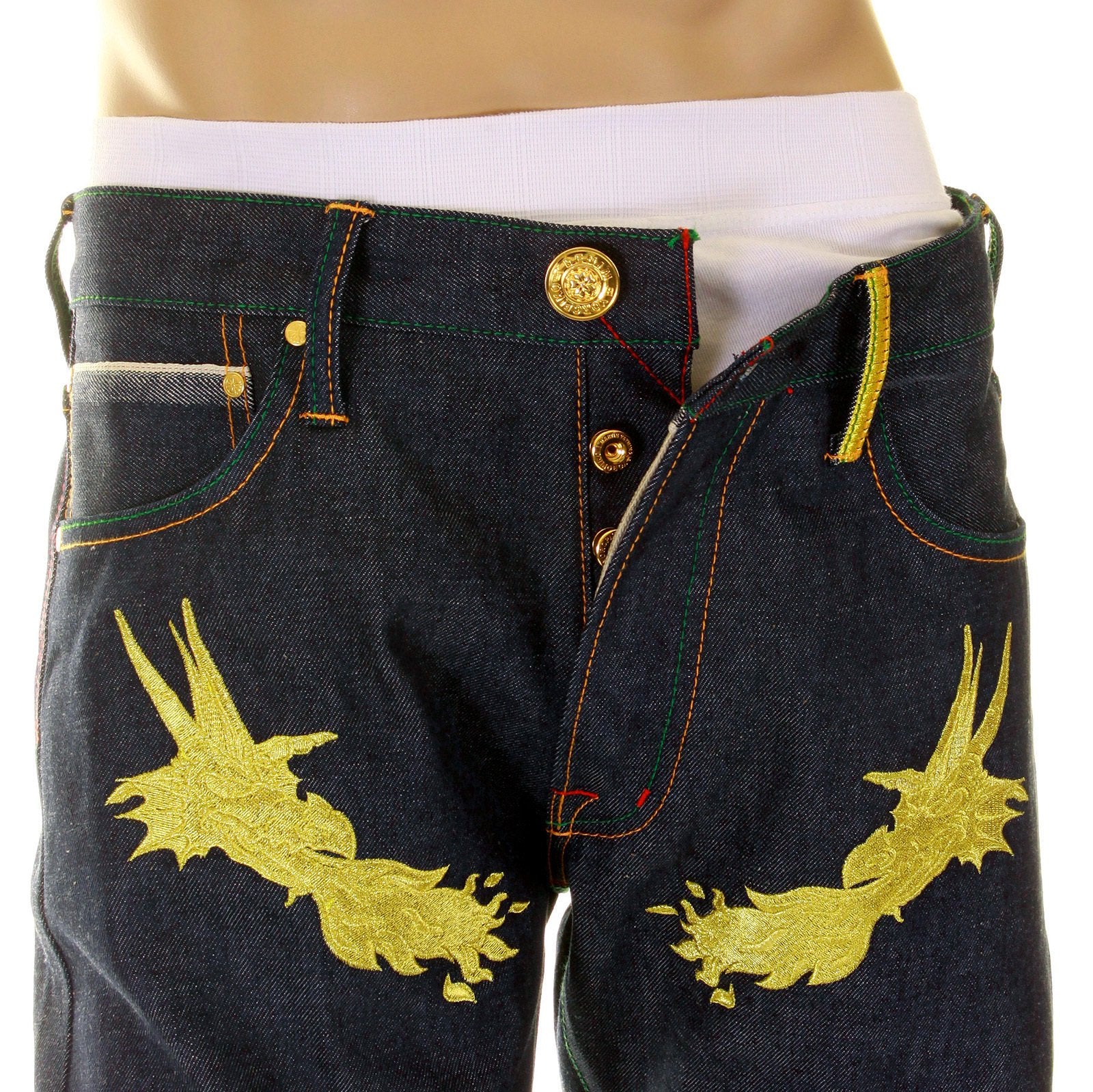 YOROPIKO HUNGRY DRAGON 574 SUPER EXCLUSIVE SELVEDGE DENIM JEANS WITH GOLD EMBROIDERY YORO2878